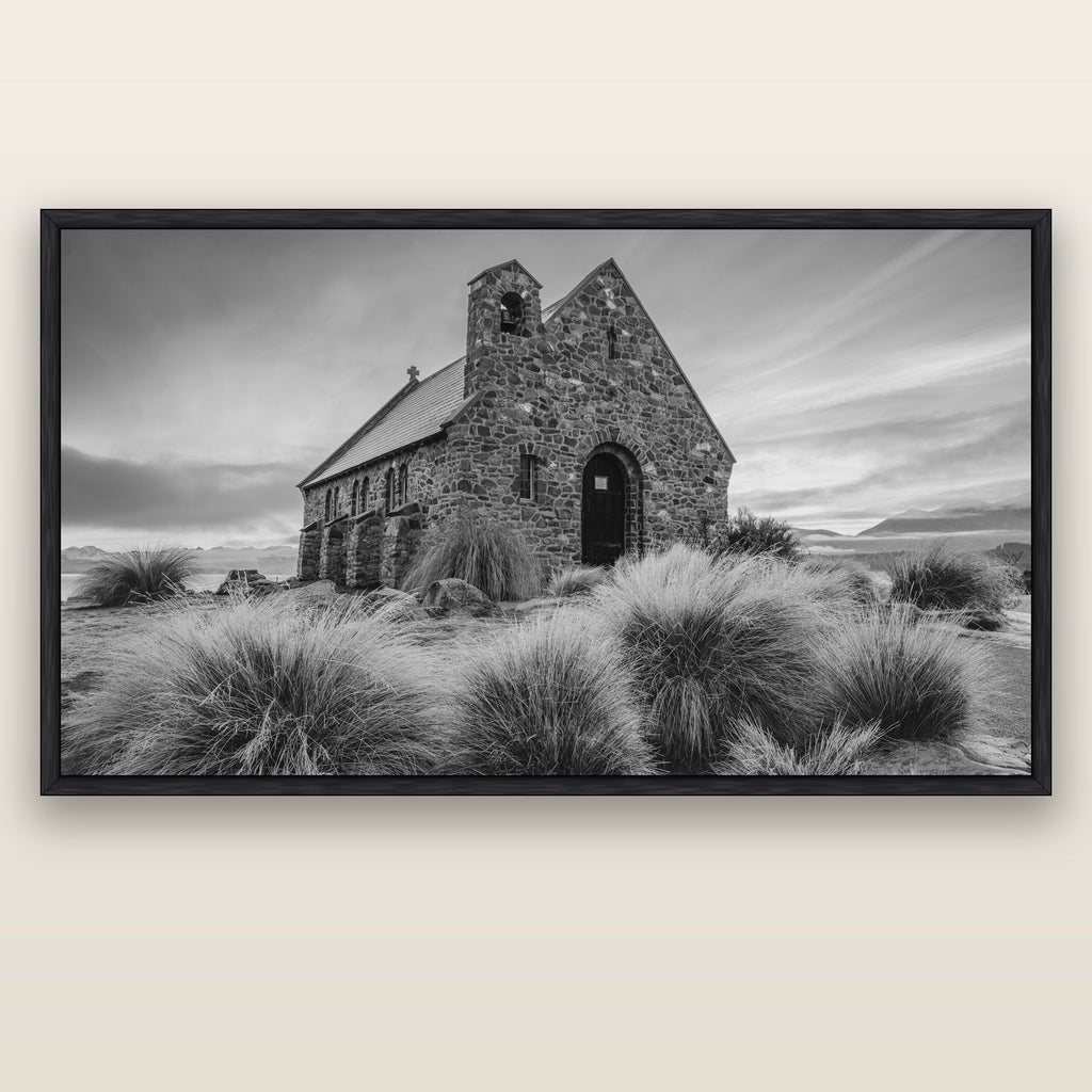Shepherd's Delight, Lake Takapō — black float frame canvas, 200 × 130 cm. New Zealand fine art landscape wall art by Stephen Milner.