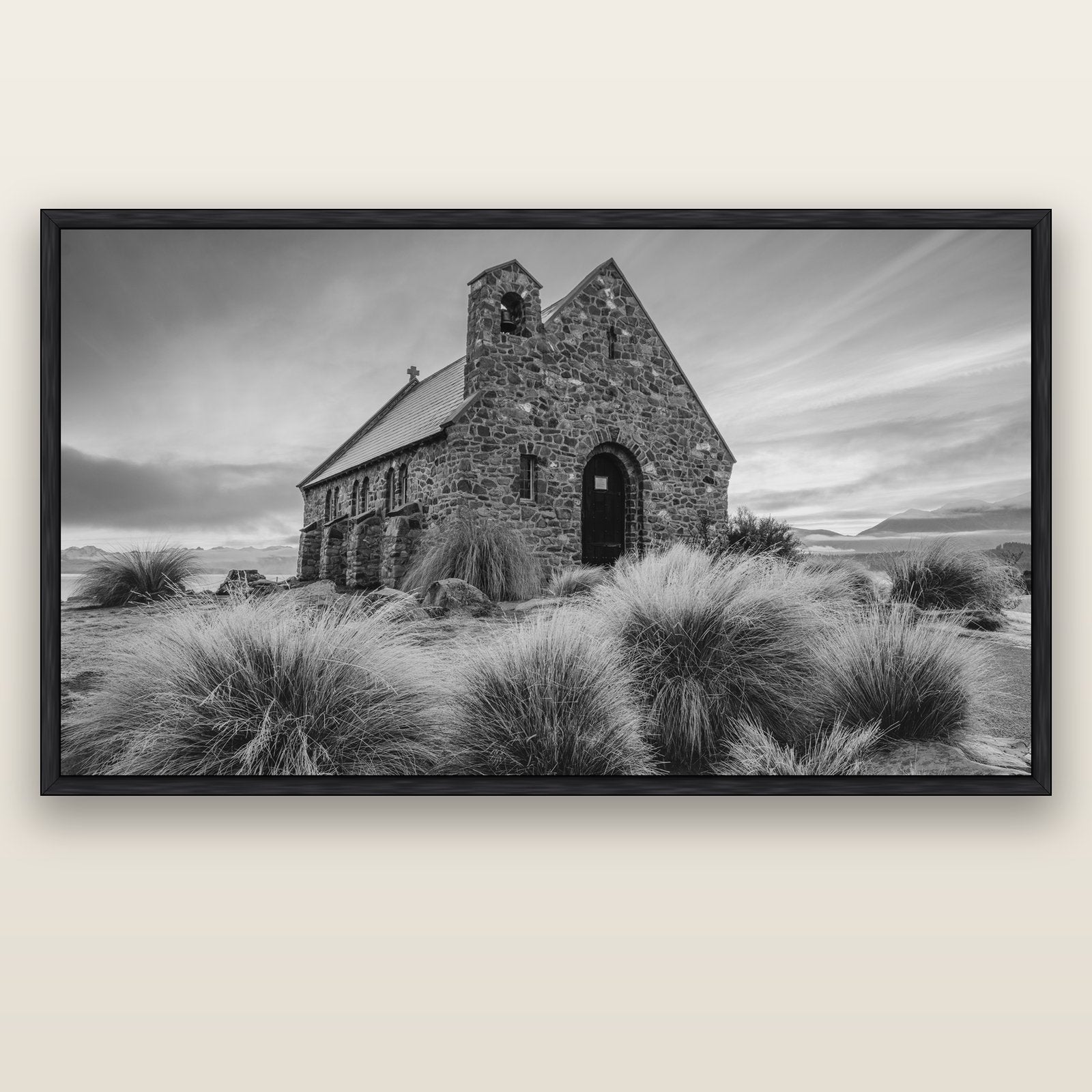 Shepherd's Delight, Lake Takapō — black float frame canvas, 200 × 130 cm. New Zealand fine art landscape wall art by Stephen Milner.