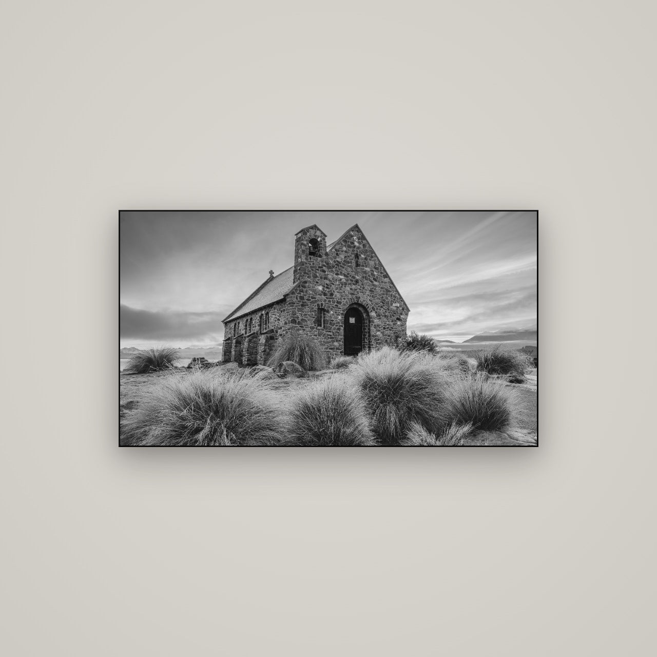 Shepherd's Delight, Lake Takapō — Slimline Black, 107×60 cm. New Zealand fine art wall art by Stephen Milner.