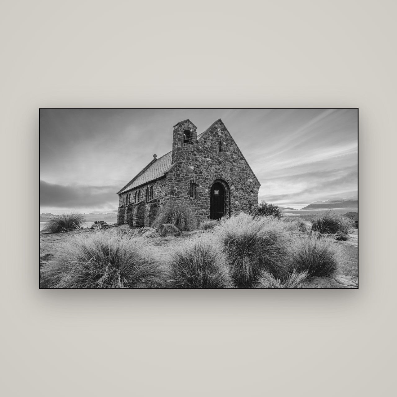 Shepherd's Delight, Lake Takapō — Slimline Black, 160×90 cm. New Zealand fine art wall art by Stephen Milner.