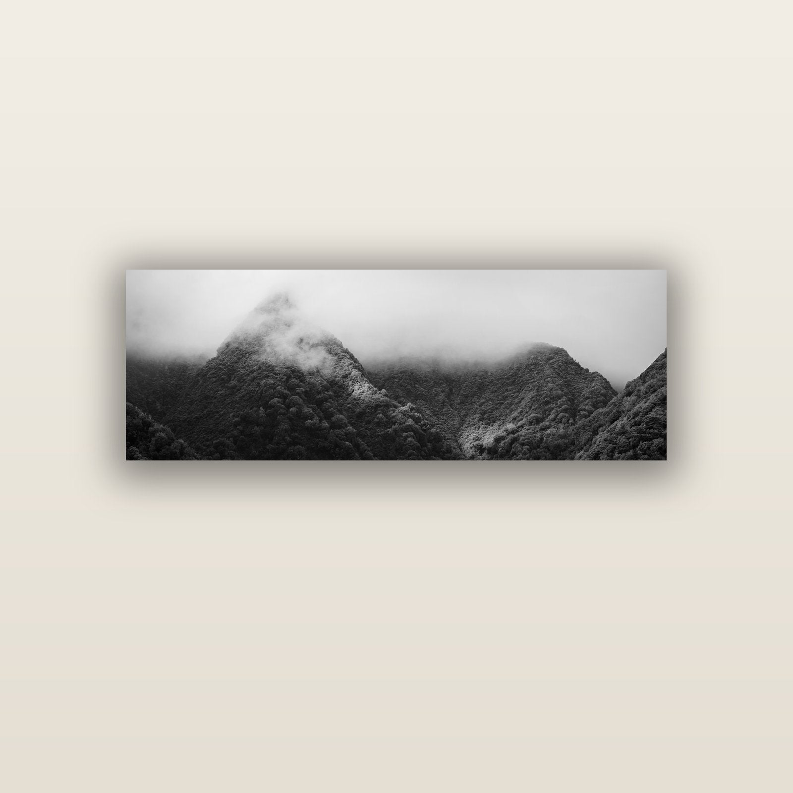 Shrouded in Mystery, West Coast — acrylic glass print, 122 × 41 cm. New Zealand fine art landscape wall art by Stephen Milner.