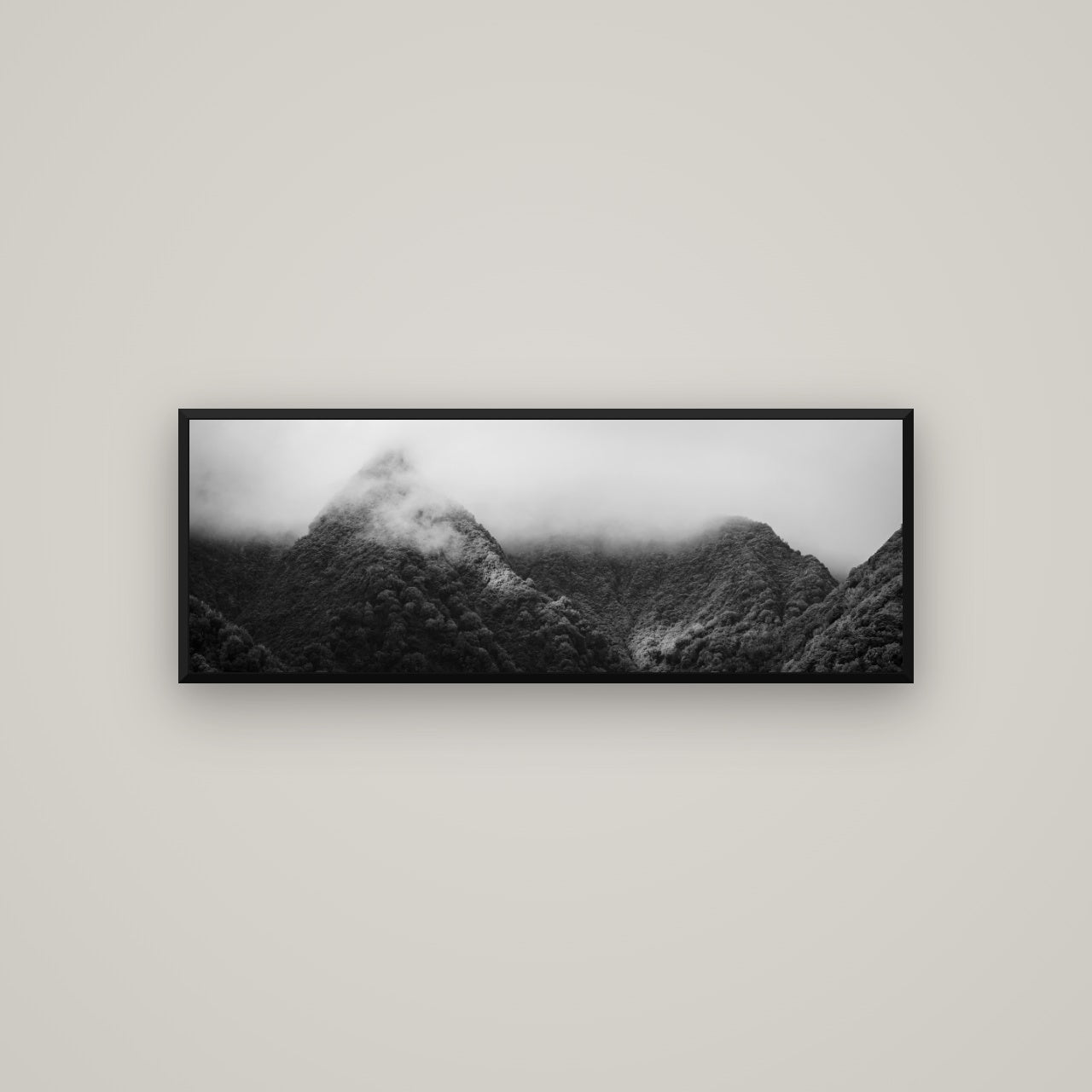 Shrouded in Mystery, West Coast — Basel Black, 113×40 cm. New Zealand fine art wall art by Stephen Milner.