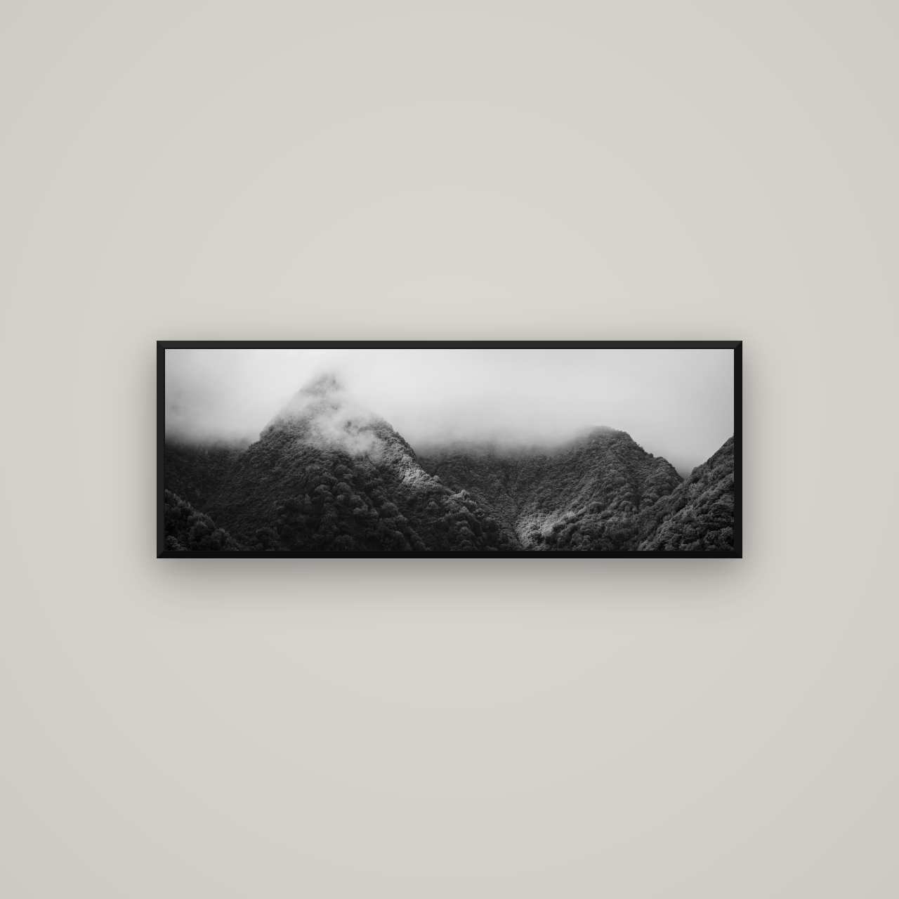 Shrouded in Mystery, West Coast — Basel Black Matte, 113×40 cm. New Zealand fine art wall art by Stephen Milner.