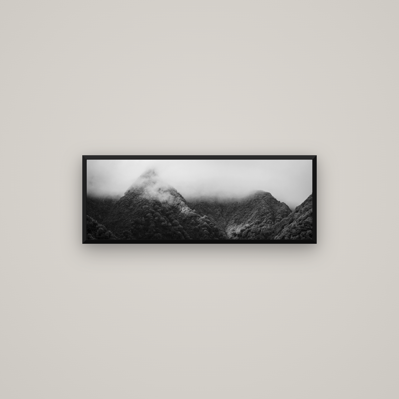 Shrouded in Mystery, West Coast — Basel Black Matte, 85×30 cm. New Zealand fine art wall art by Stephen Milner.