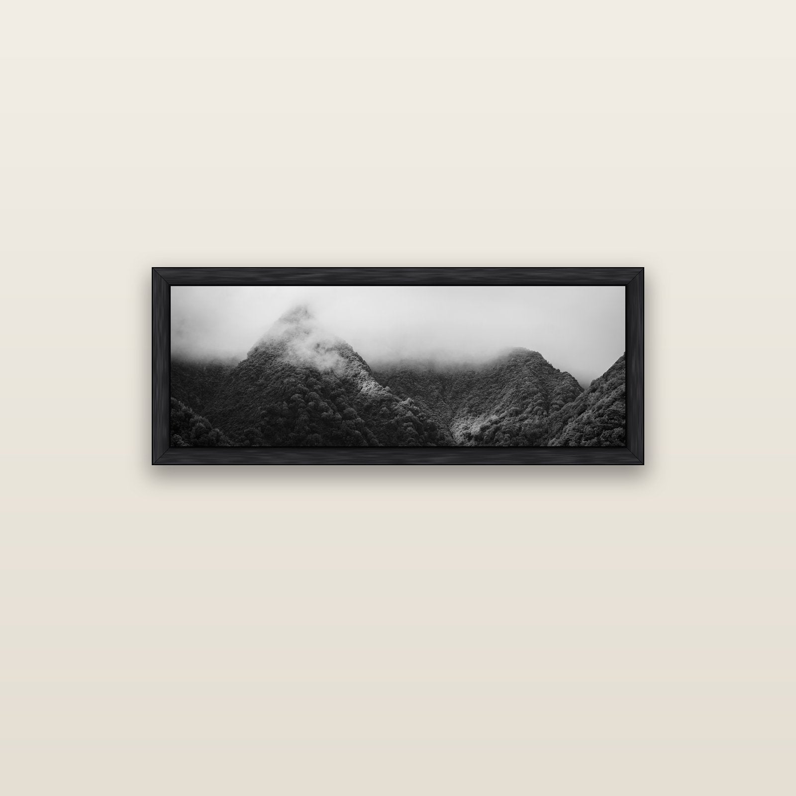 Shrouded in Mystery, West Coast — black float frame canvas, 102 × 36 cm. New Zealand fine art landscape wall art by Stephen Milner.