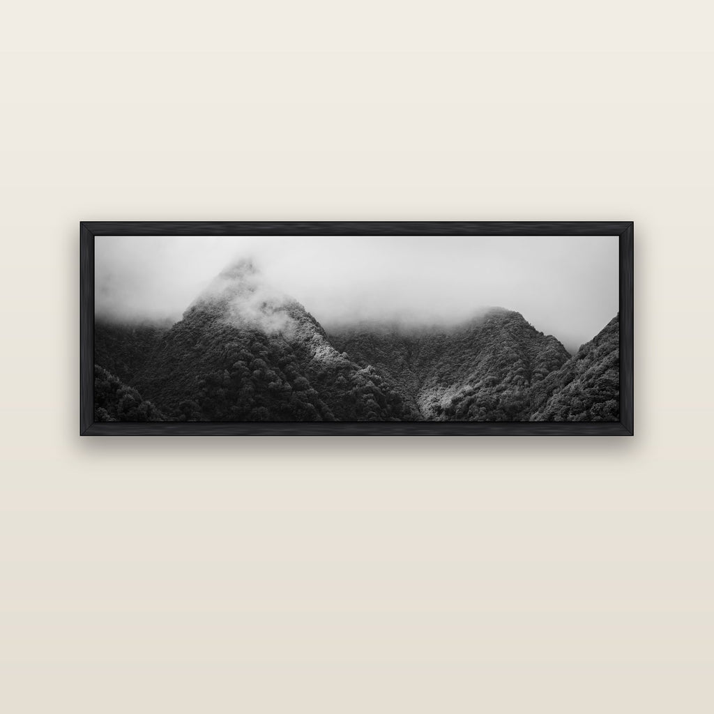 Shrouded in Mystery, West Coast — black float frame canvas, 152 × 56 cm. New Zealand fine art landscape wall art by Stephen Milner.