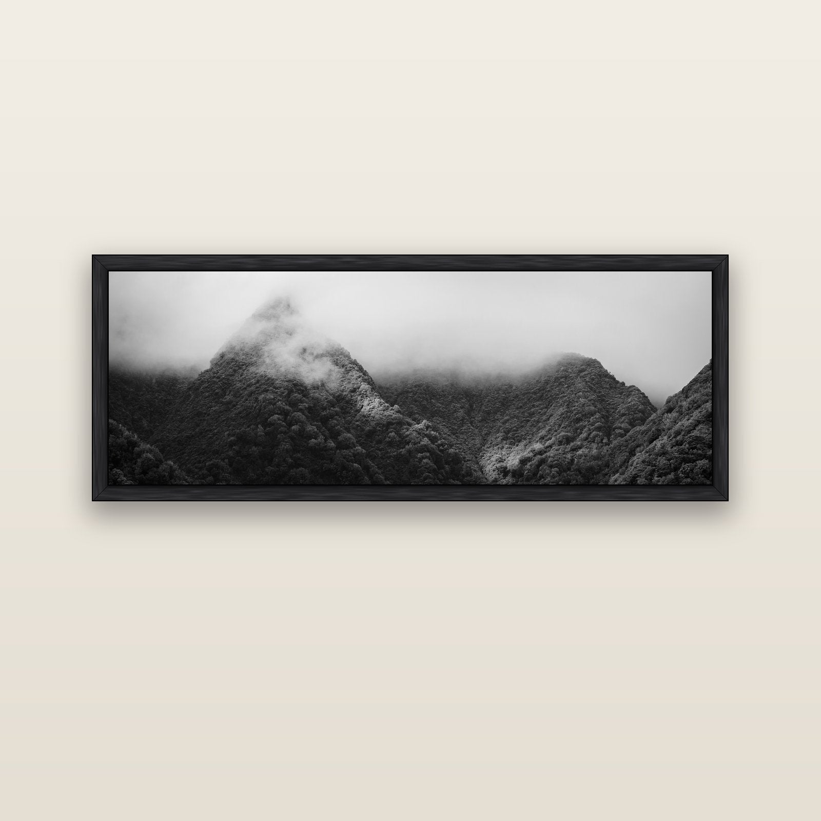 Shrouded in Mystery, West Coast — black float frame canvas, 152 × 56 cm. New Zealand fine art landscape wall art by Stephen Milner.