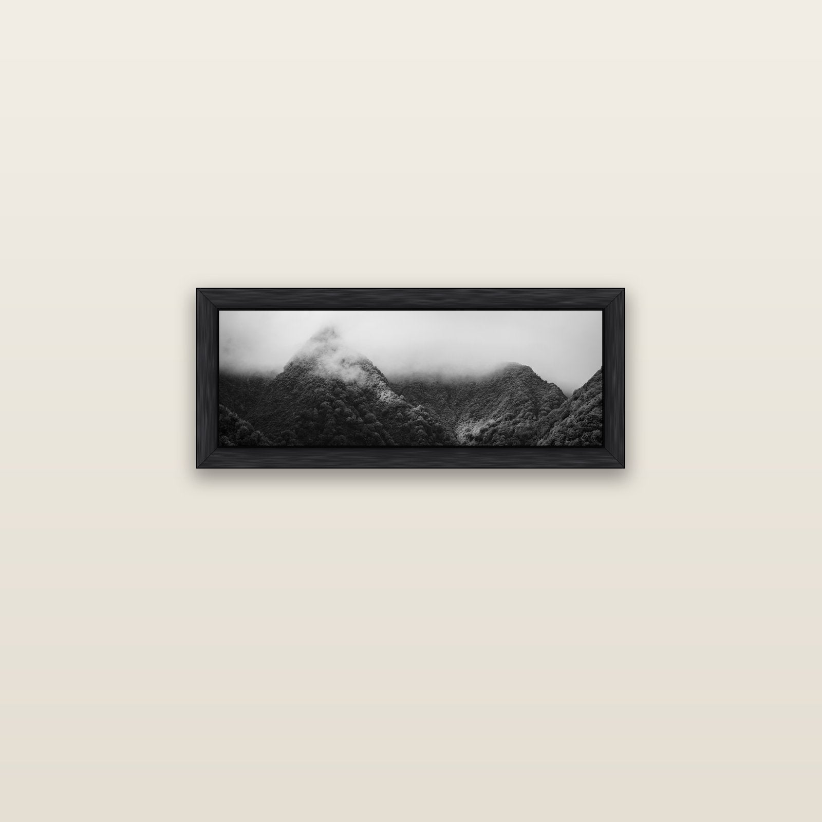 Shrouded in Mystery, West Coast — black float frame canvas, 71 × 25 cm. New Zealand fine art landscape wall art by Stephen Milner.