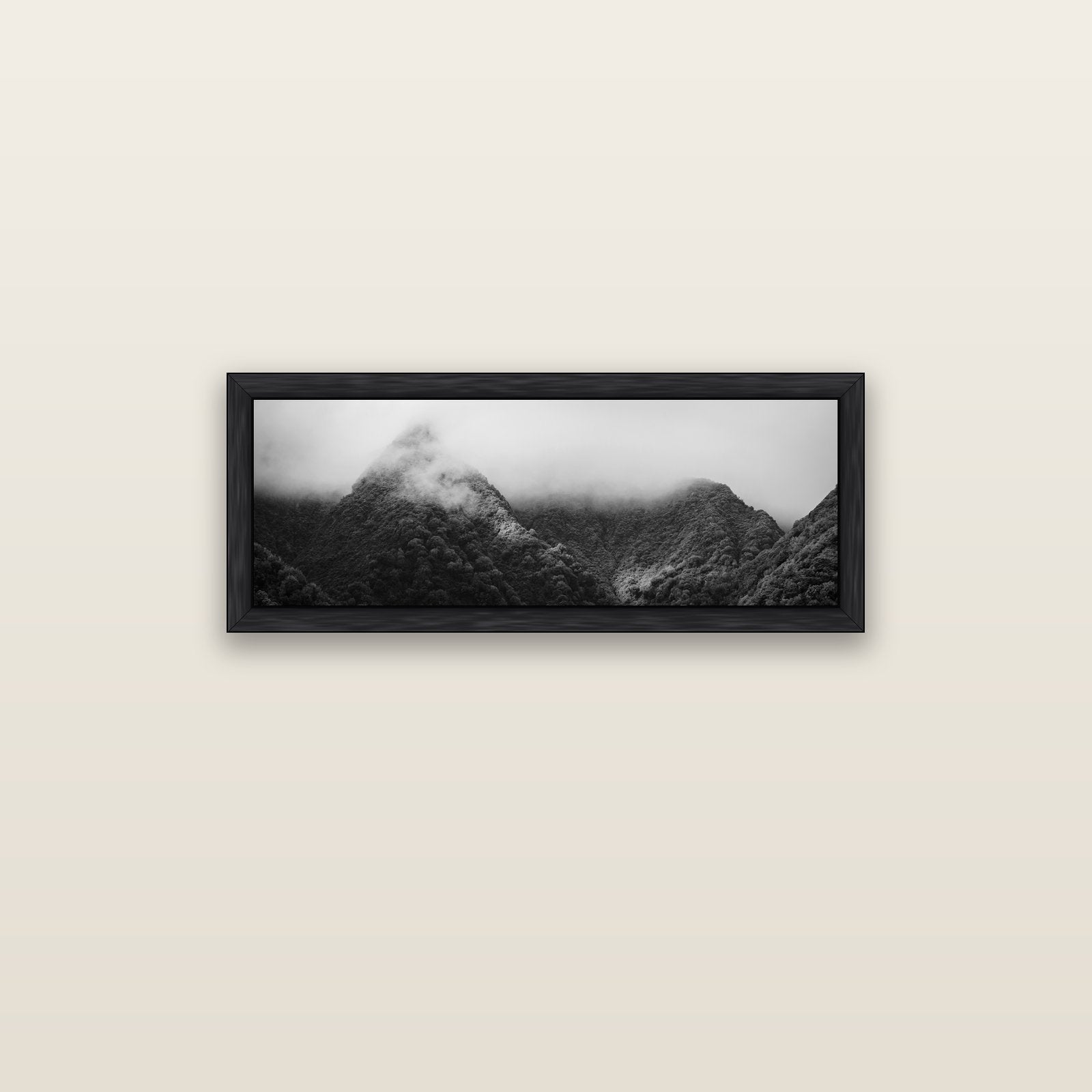 Shrouded in Mystery, West Coast — black float frame canvas, 91 × 31 cm. New Zealand fine art landscape wall art by Stephen Milner.