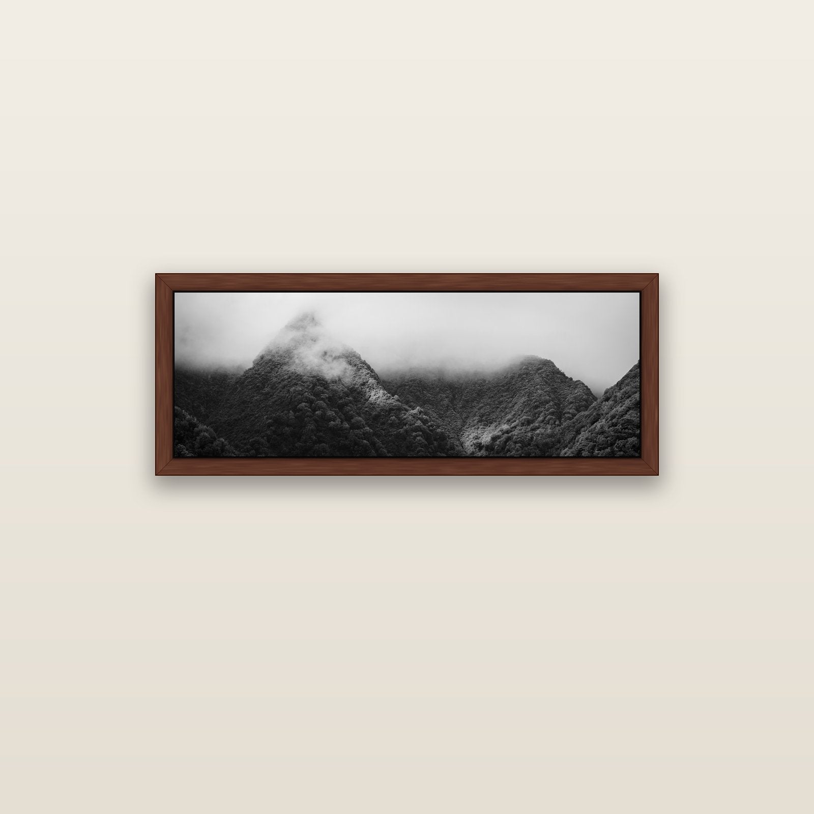 Shrouded in Mystery, West Coast — brown float frame canvas, 102 × 36 cm. New Zealand fine art landscape wall art by Stephen Milner.