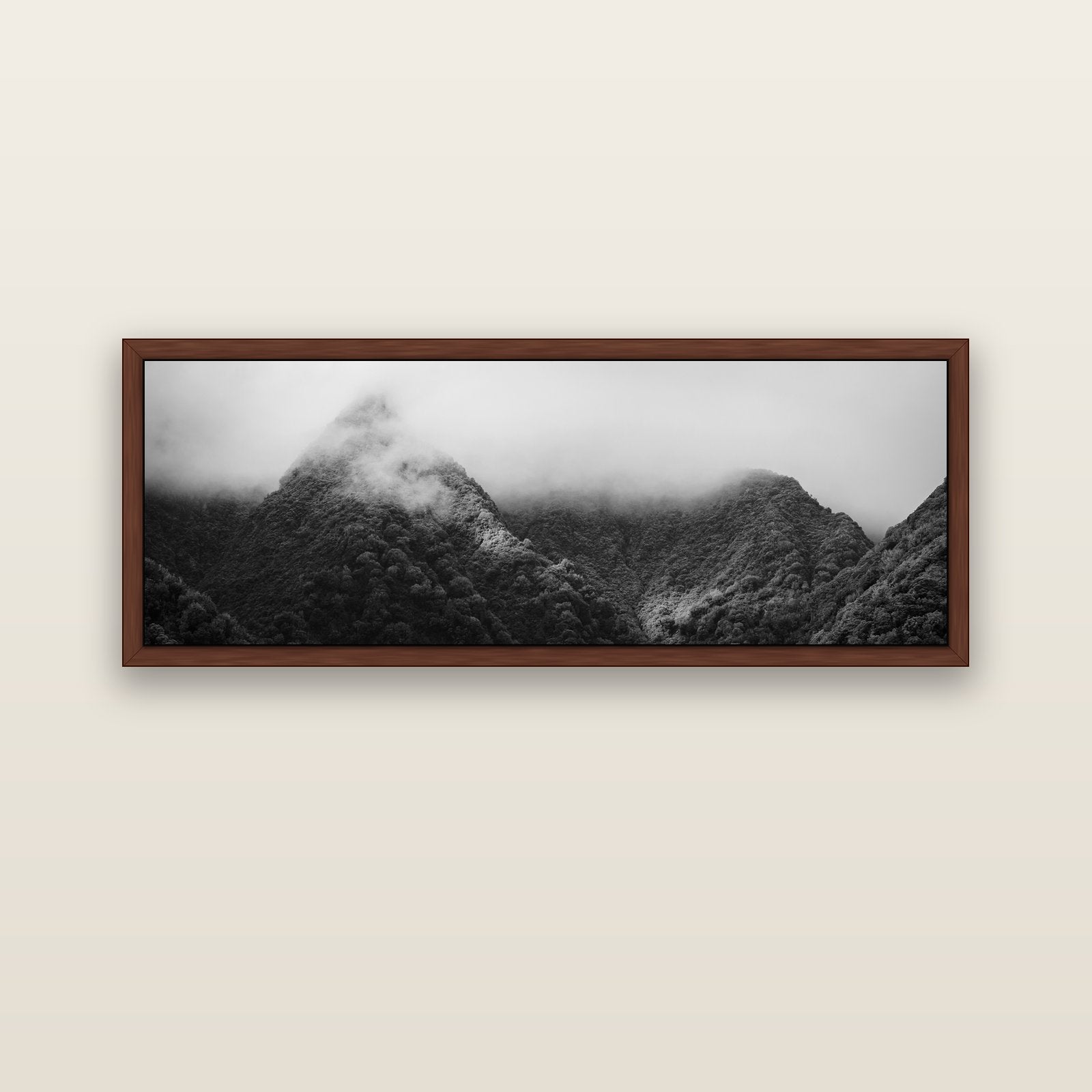 Shrouded in Mystery, West Coast — brown float frame canvas, 152 × 56 cm. New Zealand fine art landscape wall art by Stephen Milner.