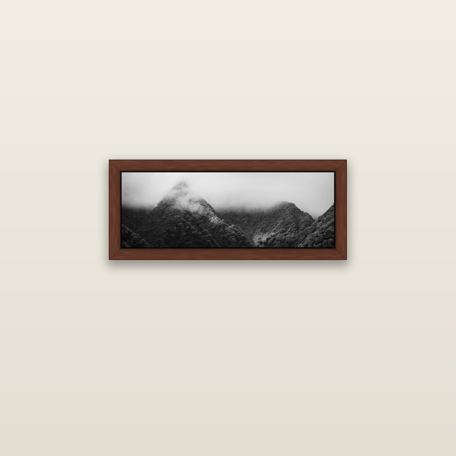 Shrouded in Mystery, West Coast — brown float frame canvas, 71 × 25 cm. New Zealand fine art landscape wall art by Stephen Milner.