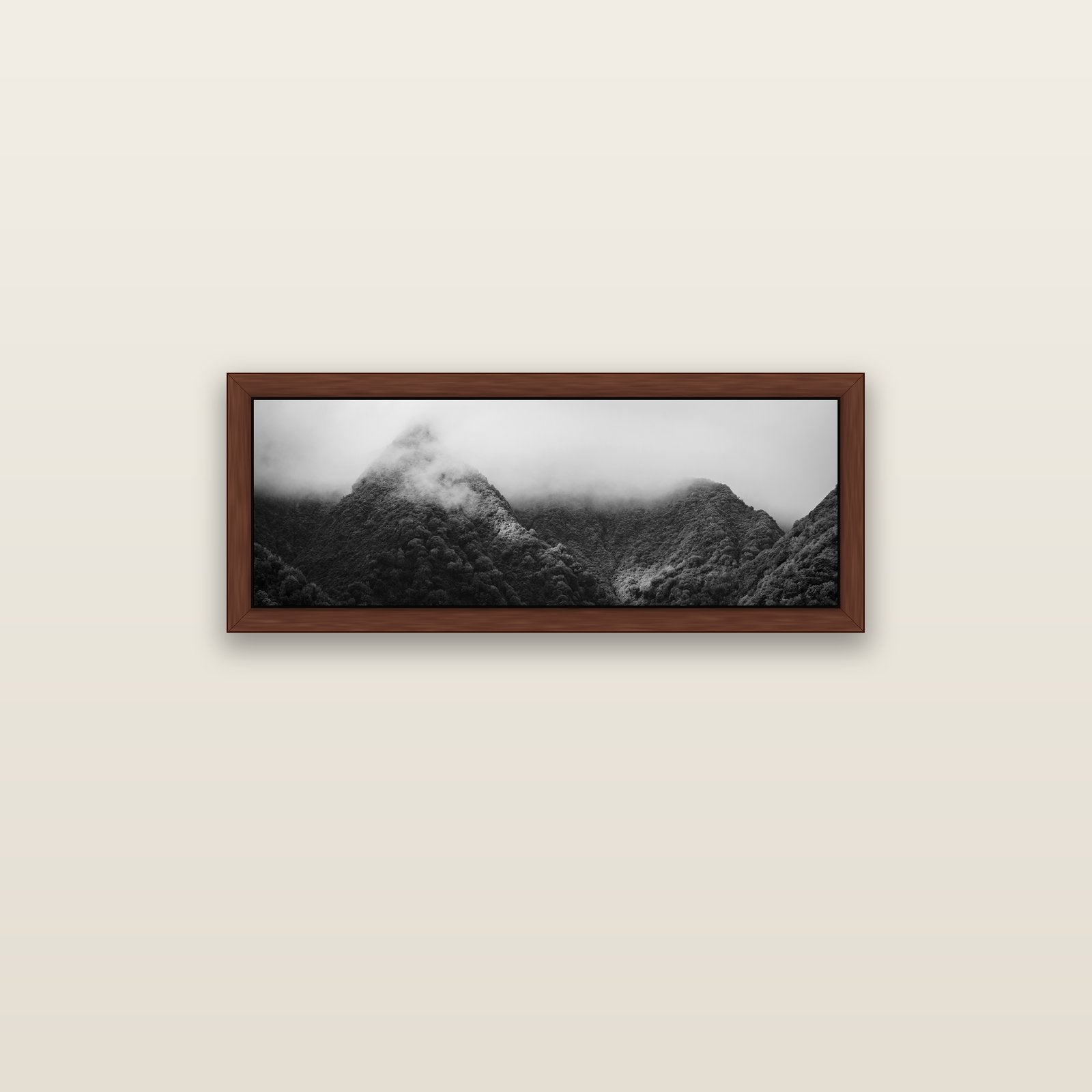 Shrouded in Mystery, West Coast — brown float frame canvas, 91 × 31 cm. New Zealand fine art landscape wall art by Stephen Milner.