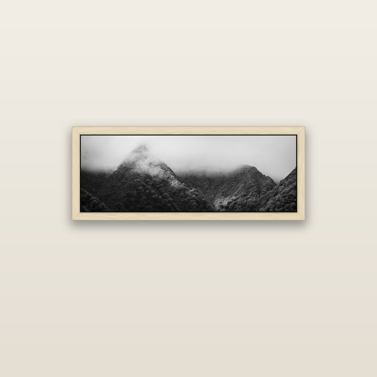 Shrouded in Mystery, West Coast — natural float frame canvas, 102 × 36 cm. New Zealand fine art landscape wall art by Stephen Milner.