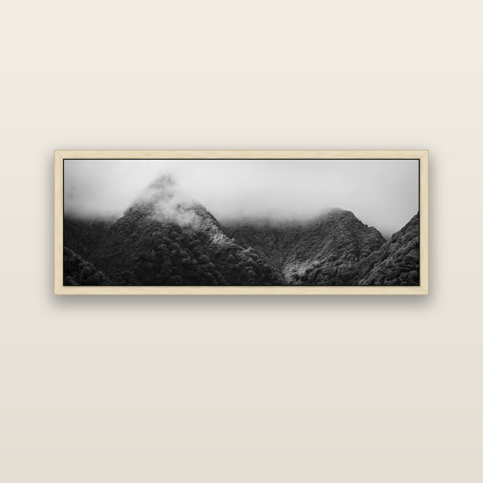 Shrouded in Mystery, West Coast — natural float frame canvas, 152 × 56 cm. New Zealand fine art landscape wall art by Stephen Milner.