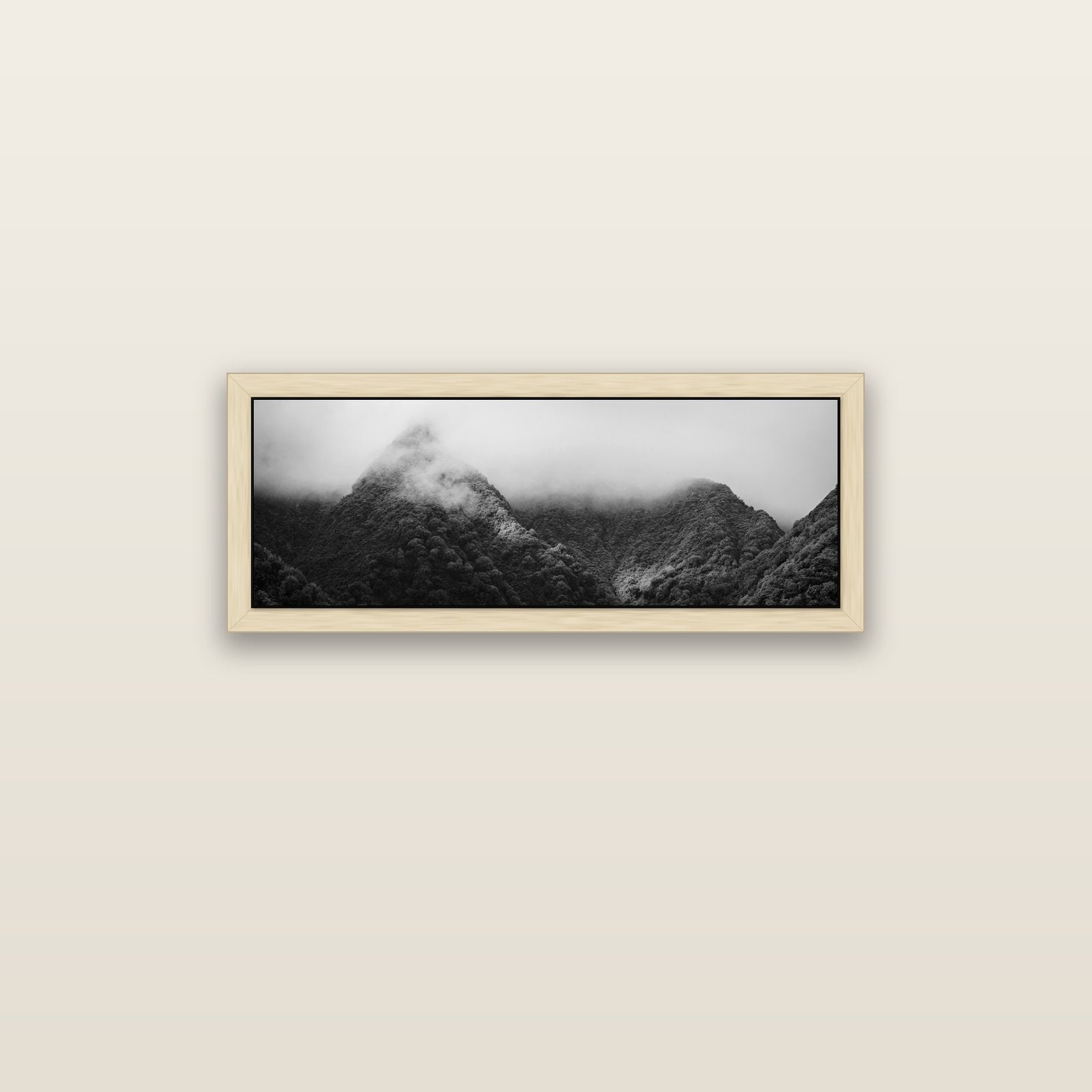 Shrouded in Mystery, West Coast — natural float frame canvas, 91 × 31 cm. New Zealand fine art landscape wall art by Stephen Milner.