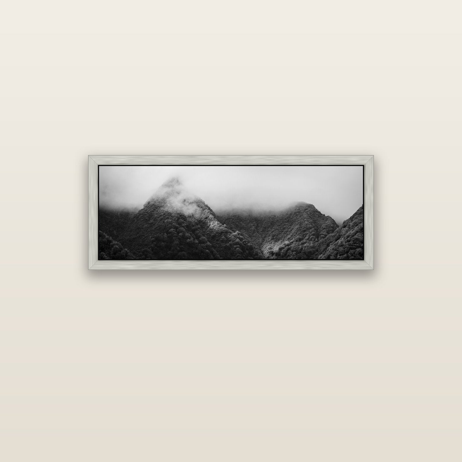 Shrouded in Mystery, West Coast — silver float frame canvas, 102 × 36 cm. New Zealand fine art landscape wall art by Stephen Milner.