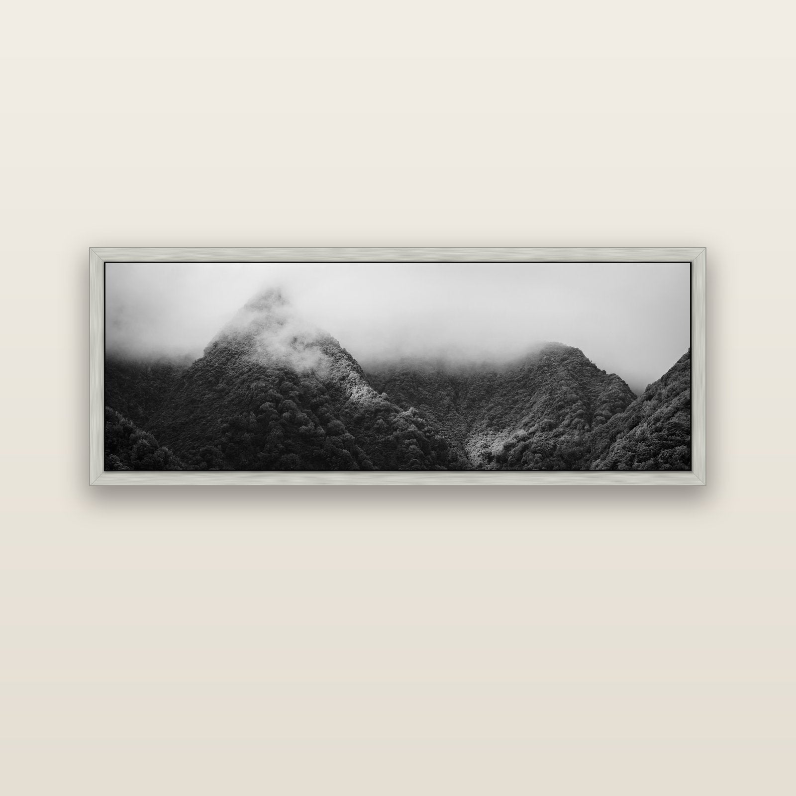 Shrouded in Mystery, West Coast — silver float frame canvas, 152 × 56 cm. New Zealand fine art landscape wall art by Stephen Milner.
