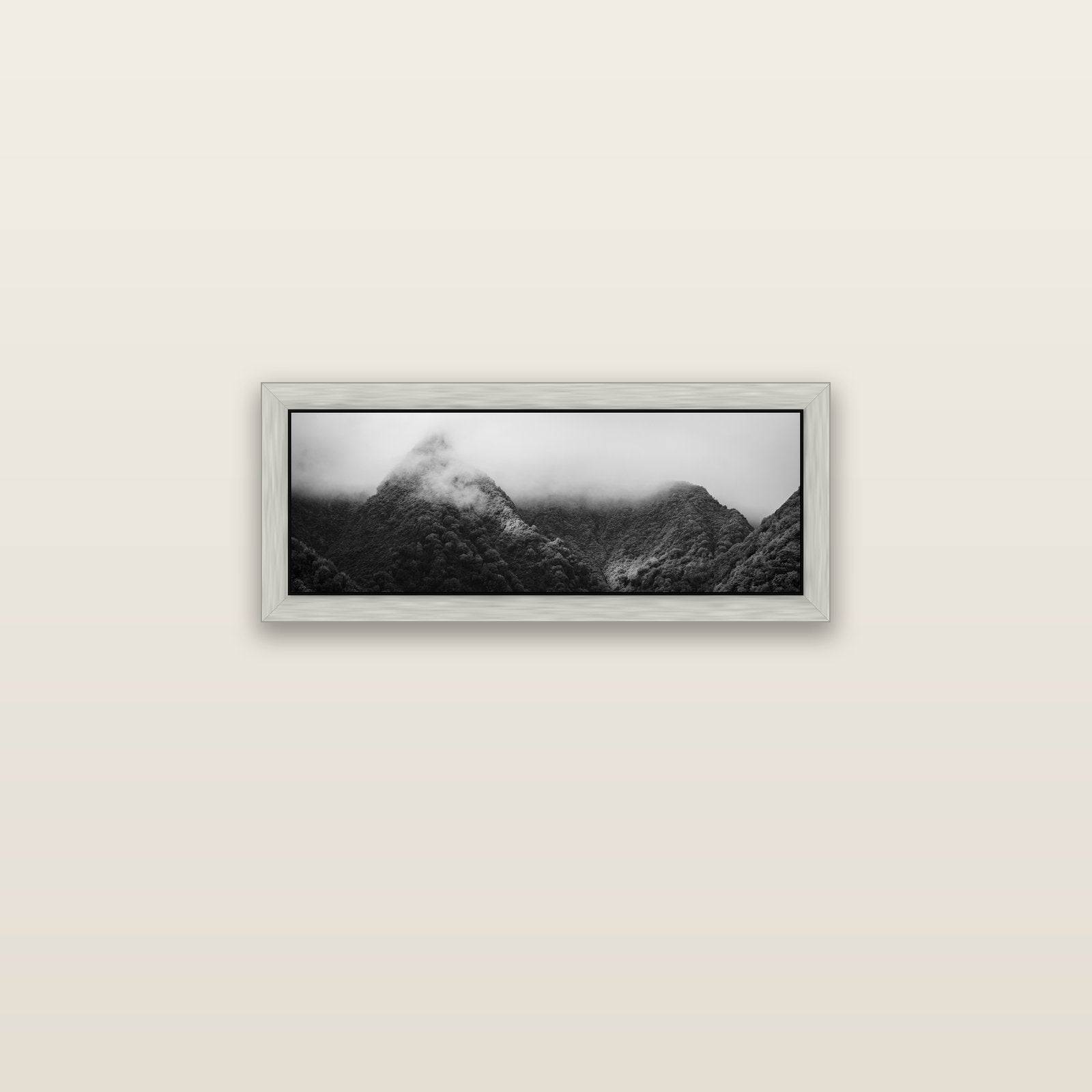 Shrouded in Mystery, West Coast — silver float frame canvas, 71 × 25 cm. New Zealand fine art landscape wall art by Stephen Milner.