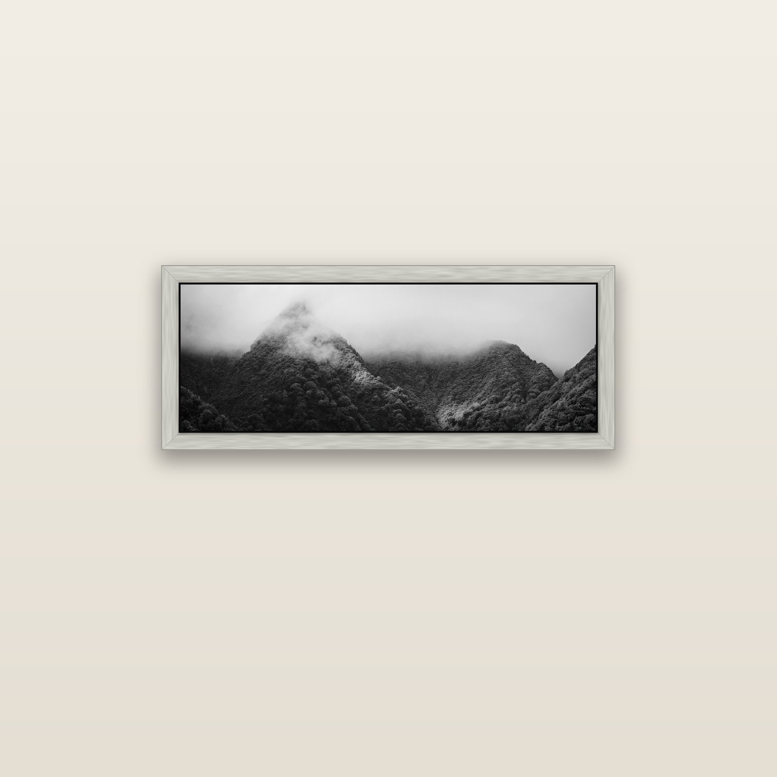 Shrouded in Mystery, West Coast — silver float frame canvas, 91 × 31 cm. New Zealand fine art landscape wall art by Stephen Milner.