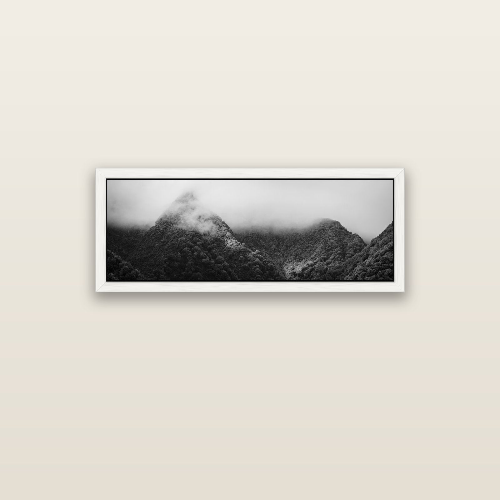 Shrouded in Mystery, West Coast — white float frame canvas, 102 × 36 cm. New Zealand fine art landscape wall art by Stephen Milner.