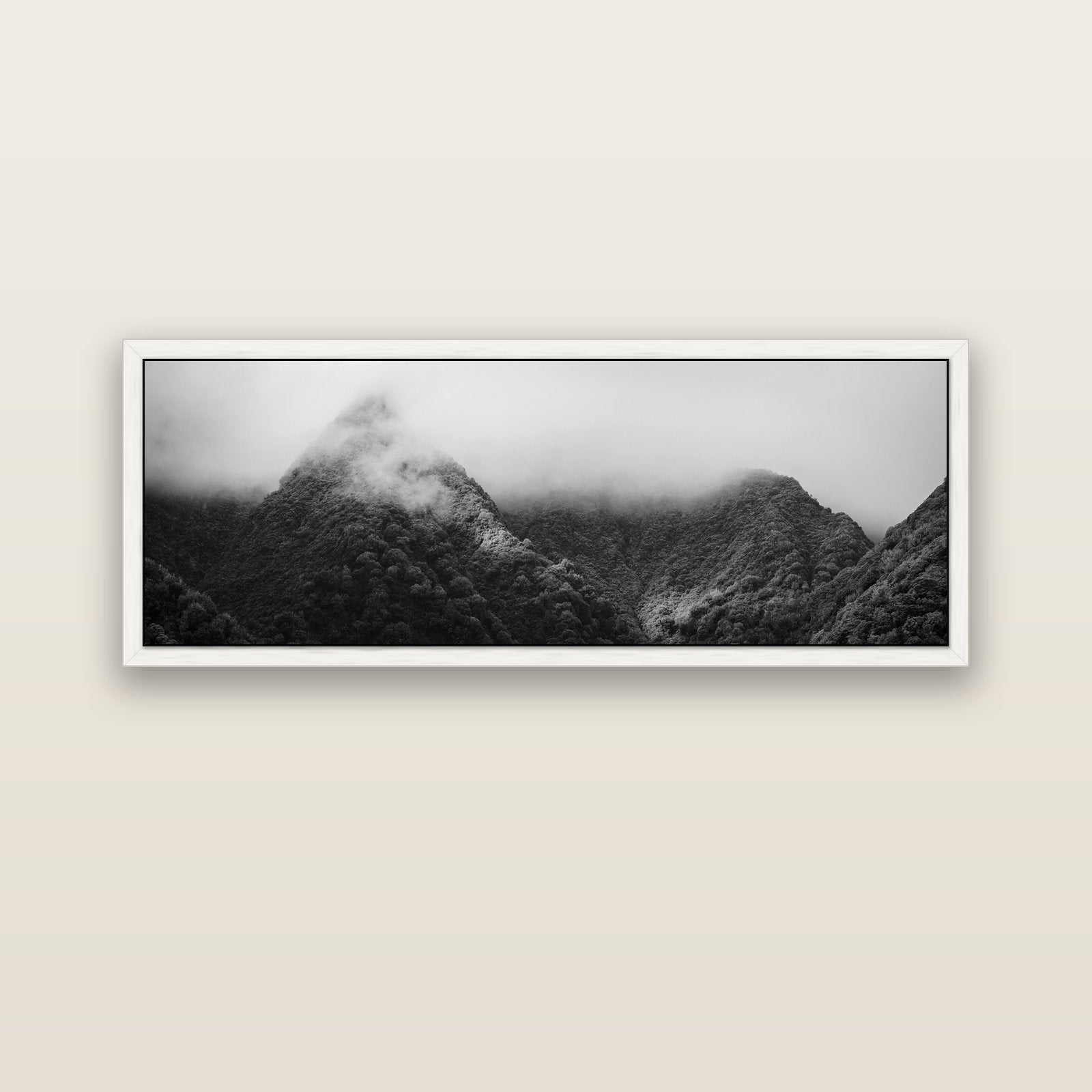 Shrouded in Mystery, West Coast — white float frame canvas, 152 × 56 cm. New Zealand fine art landscape wall art by Stephen Milner.
