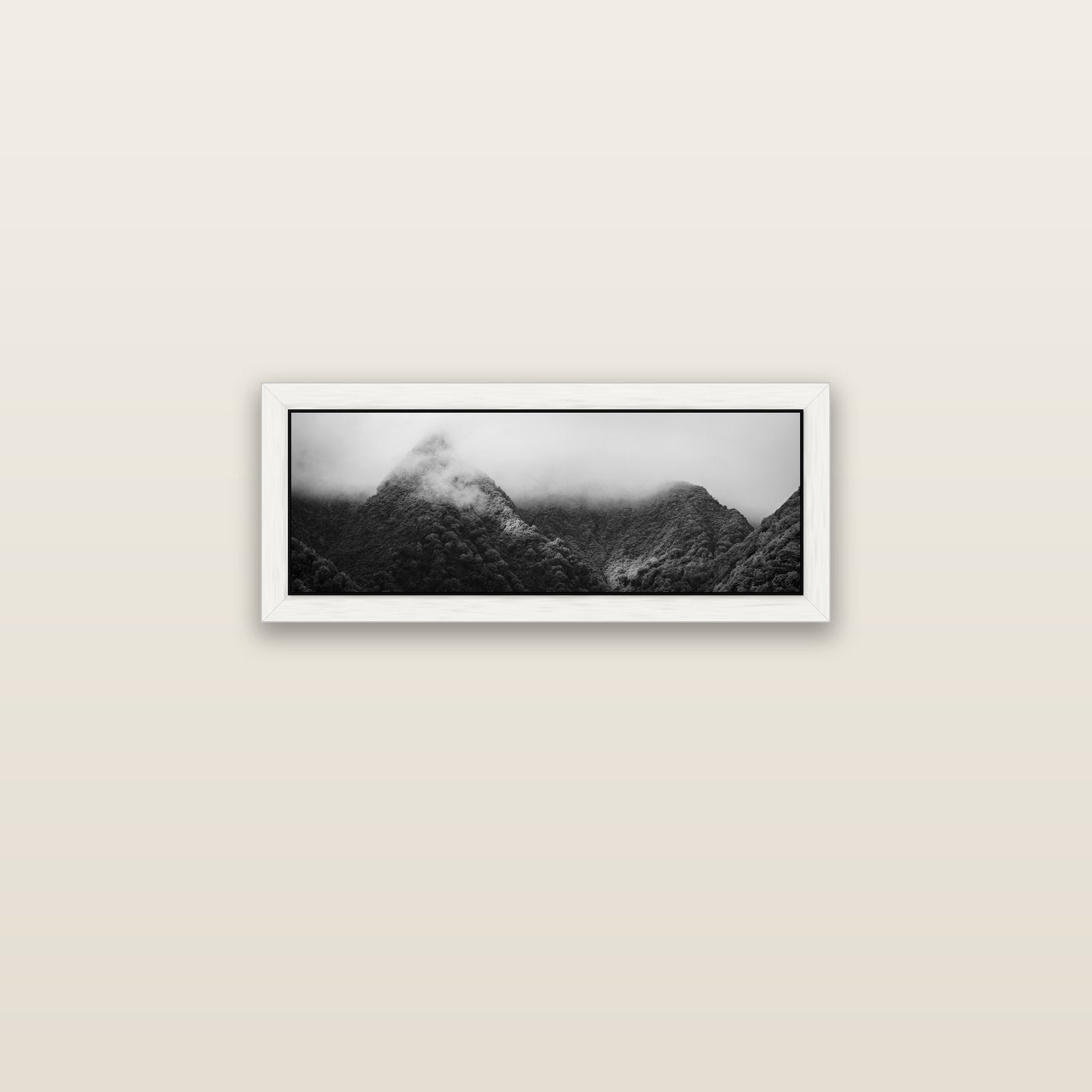 Shrouded in Mystery, West Coast — white float frame canvas, 71 × 25 cm. New Zealand fine art landscape wall art by Stephen Milner.