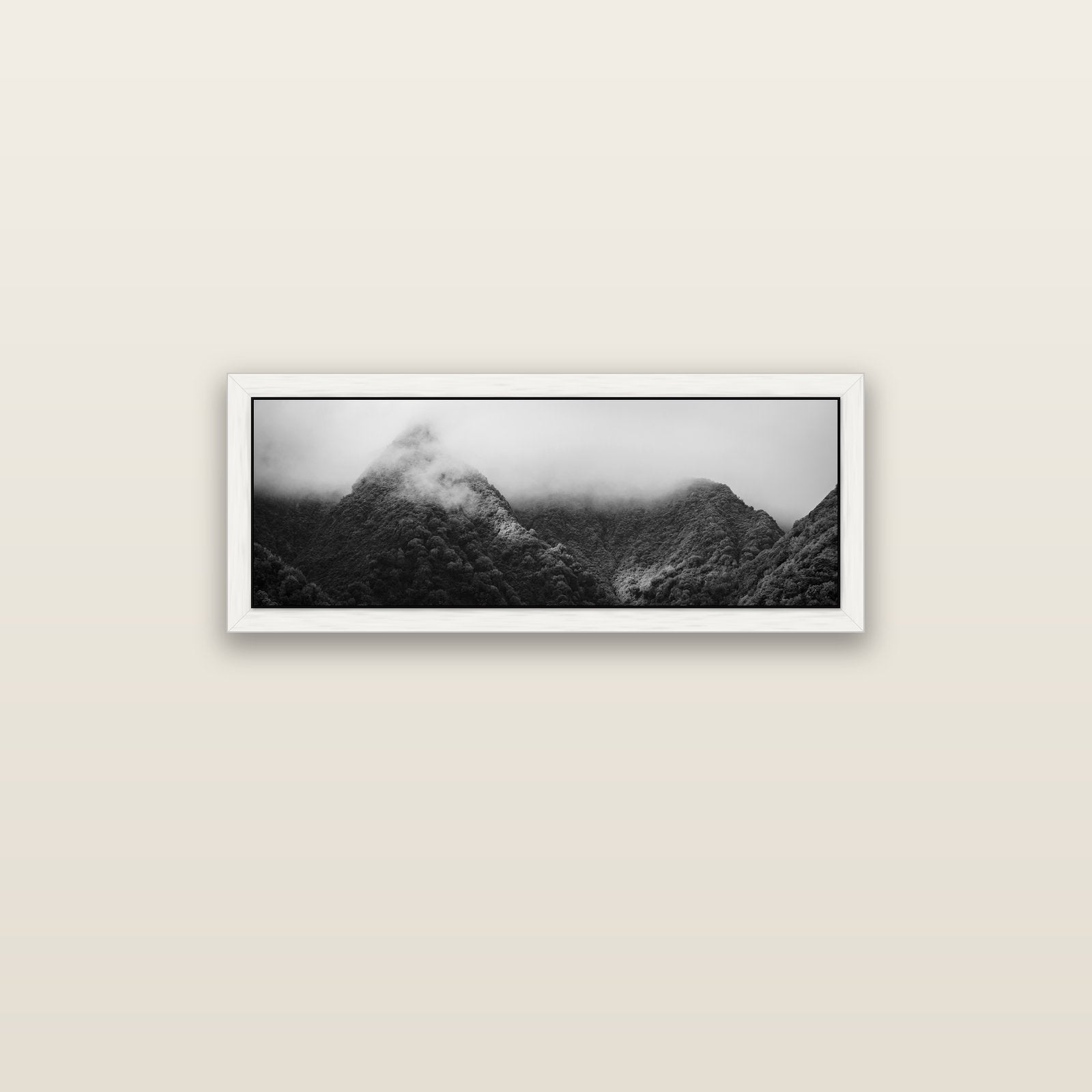 Shrouded in Mystery, West Coast — white float frame canvas, 91 × 31 cm. New Zealand fine art landscape wall art by Stephen Milner.