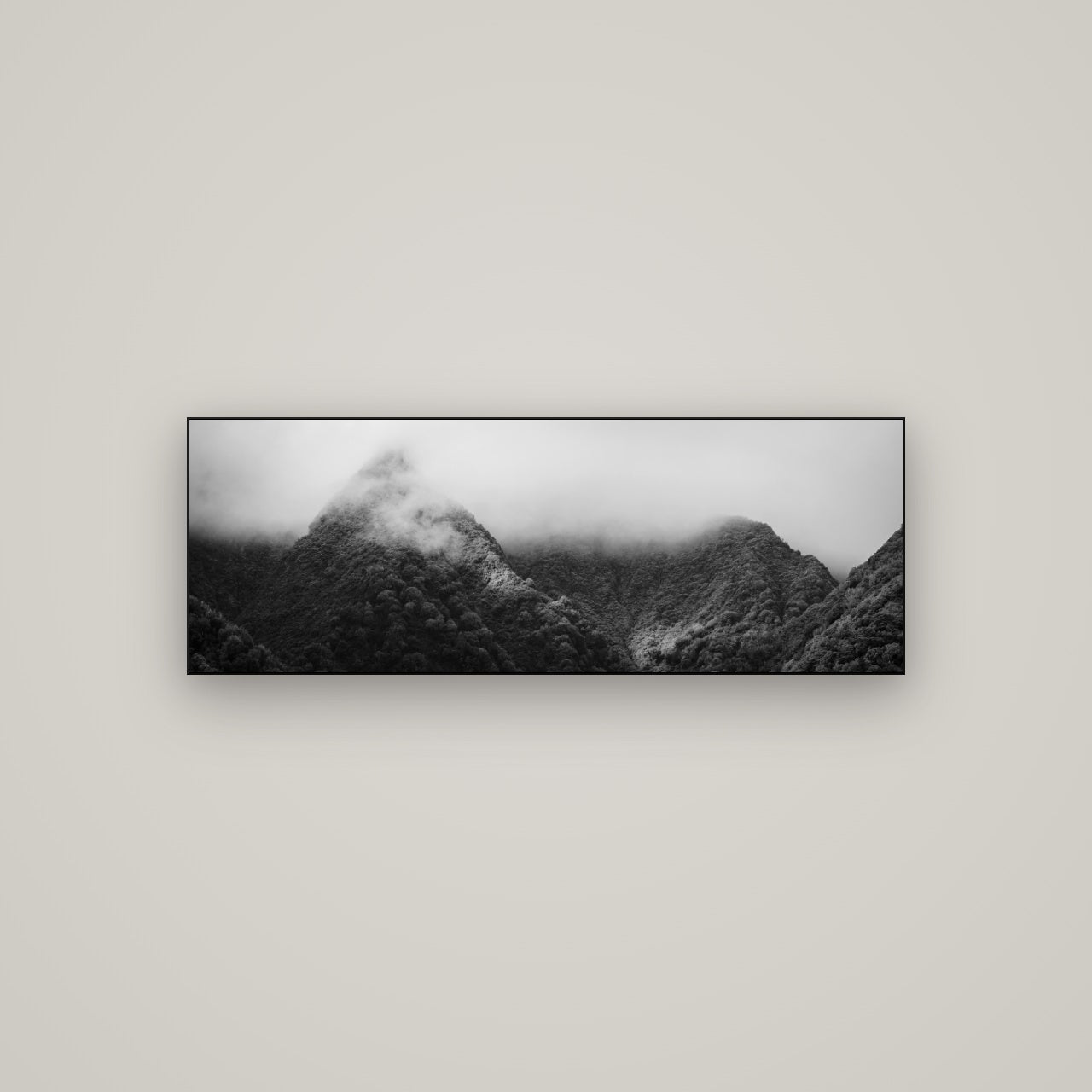 Shrouded in Mystery, West Coast — Slimline Black, 113×40 cm. New Zealand fine art wall art by Stephen Milner.