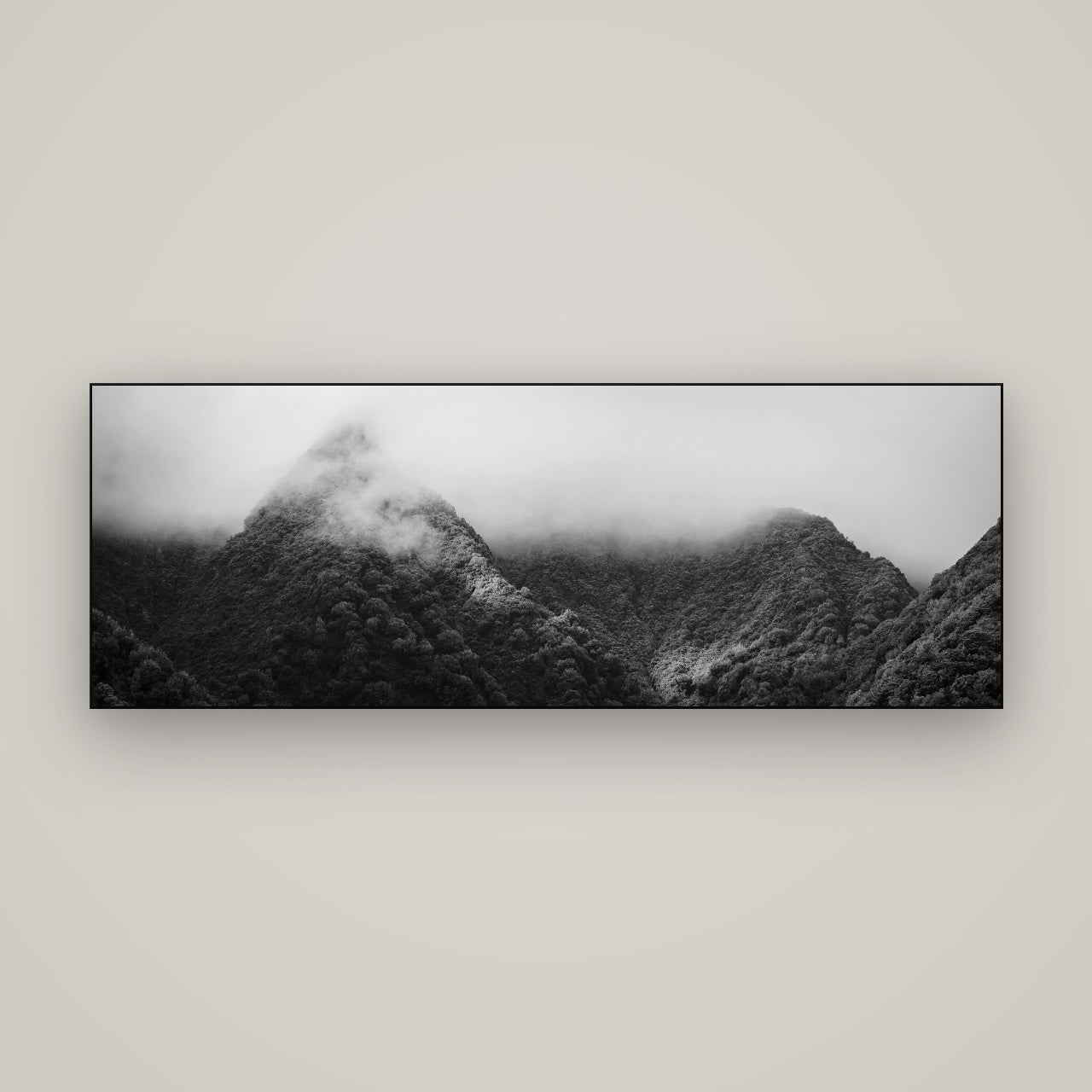 Shrouded in Mystery, West Coast — Slimline Black, 170×60 cm. New Zealand fine art wall art by Stephen Milner.