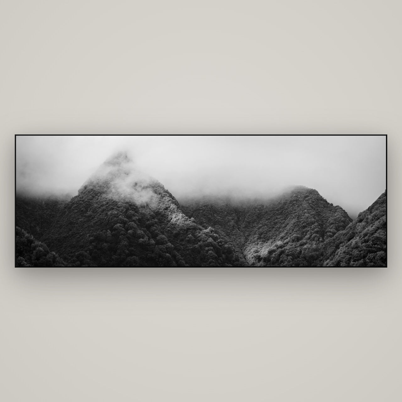 Shrouded in Mystery, West Coast — Slimline Black, 198×70 cm. New Zealand fine art wall art by Stephen Milner.