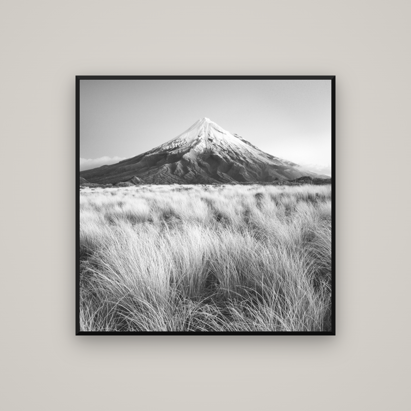 Silent Point, Mount Taranaki — Basel Black Matte, 100×100 cm. New Zealand fine art wall art by Stephen Milner.