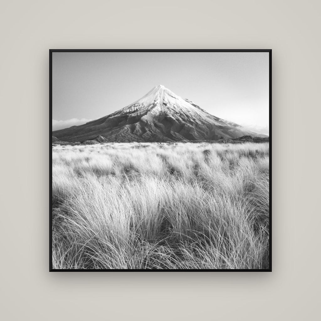 Silent Point, Mount Taranaki — Basel Black Matte, 120×120 cm. New Zealand fine art wall art by Stephen Milner.