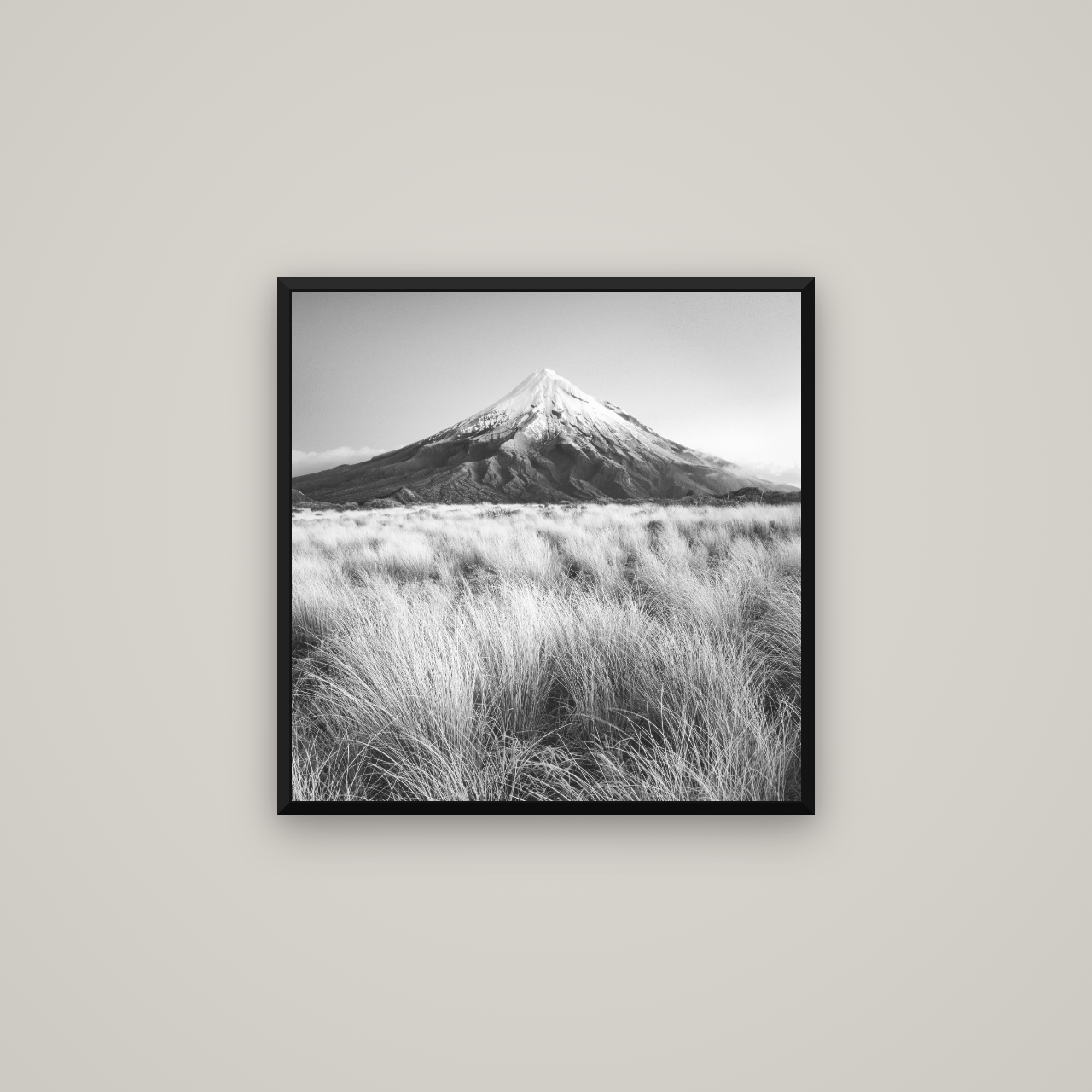 Silent Point, Mount Taranaki — Basel Black Matte, 60×60 cm. New Zealand fine art wall art by Stephen Milner.
