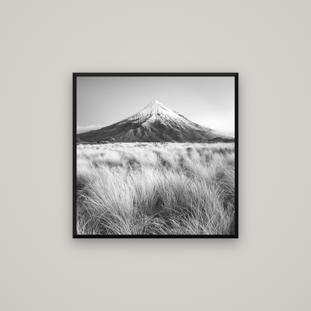 Silent Point, Mount Taranaki — Basel Black Matte, 70×70 cm. New Zealand fine art wall art by Stephen Milner.