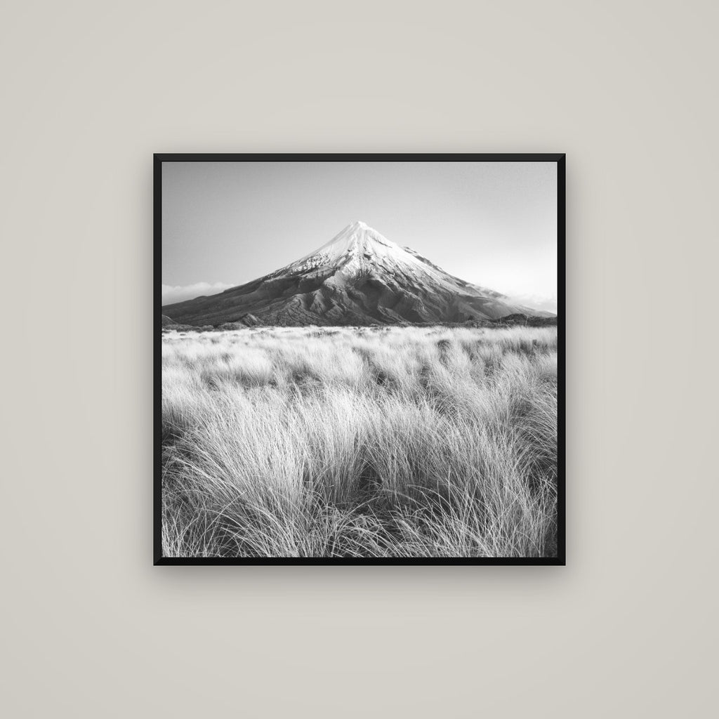 Silent Point, Mount Taranaki — Basel Black Matte, 80×80 cm. New Zealand fine art wall art by Stephen Milner.