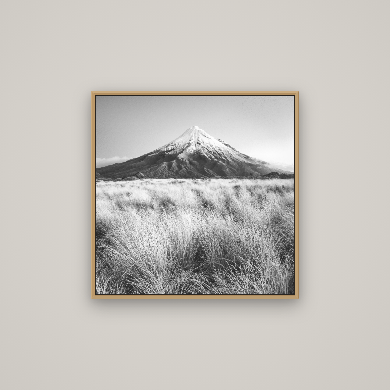 Silent Point, Mount Taranaki, Basel Natural Oak, 70×70 cm. New Zealand fine art wall art by Stephen Milner.