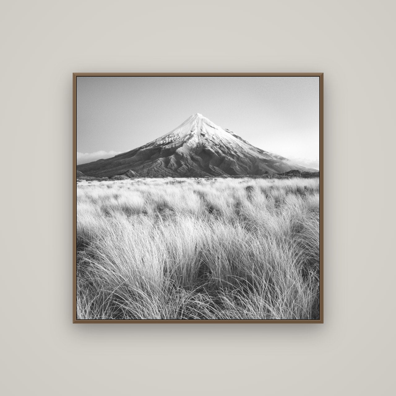 Silent Point, Mount Taranaki, Basel Walnut, 100×100 cm. New Zealand fine art wall art by Stephen Milner.