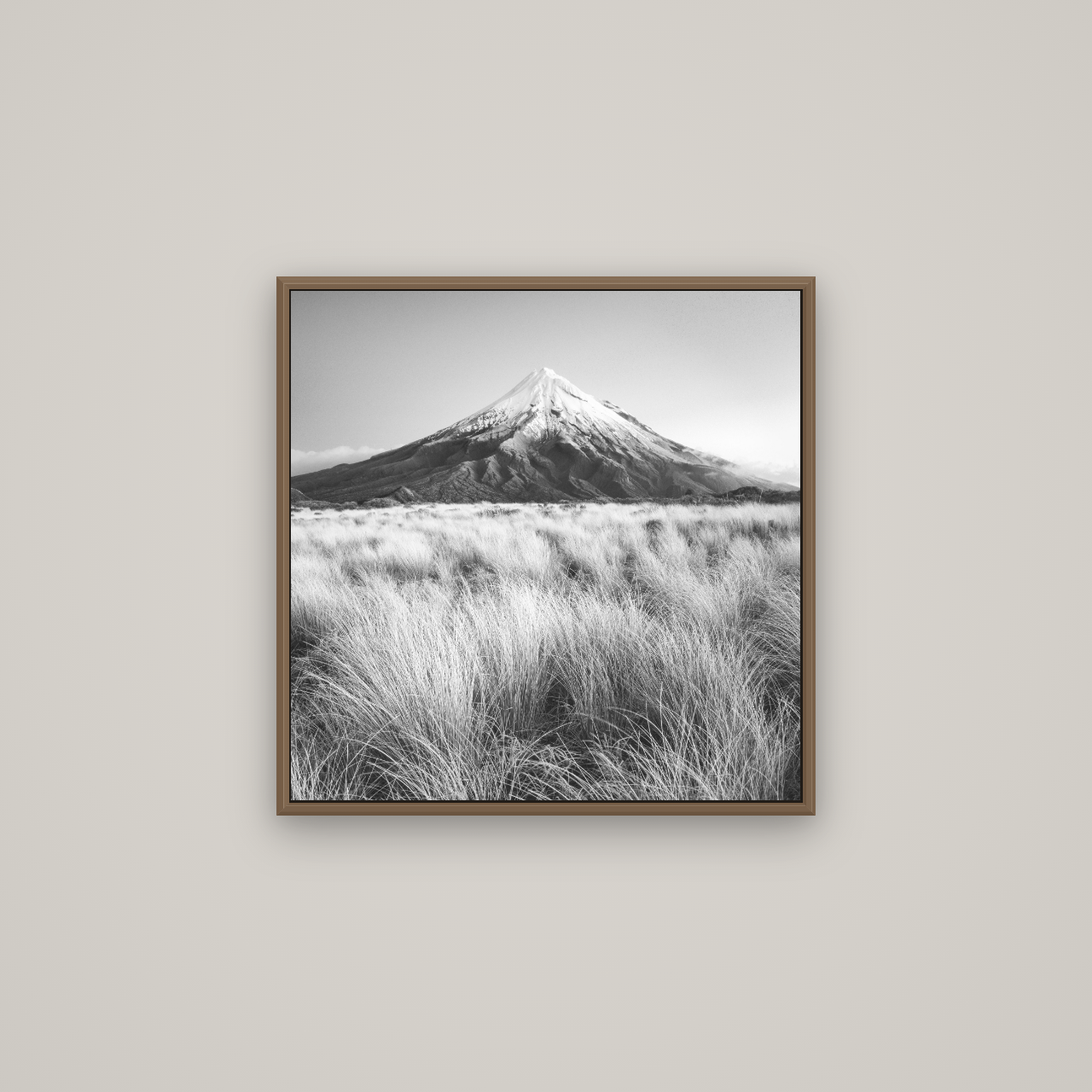 Silent Point, Mount Taranaki, Basel Walnut, 60×60 cm. New Zealand fine art wall art by Stephen Milner.