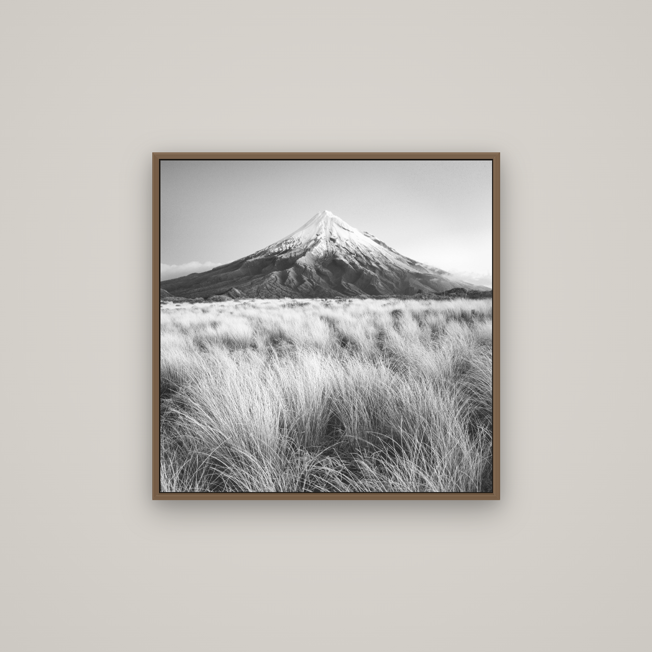 Silent Point, Mount Taranaki, Basel Walnut, 70×70 cm. New Zealand fine art wall art by Stephen Milner.