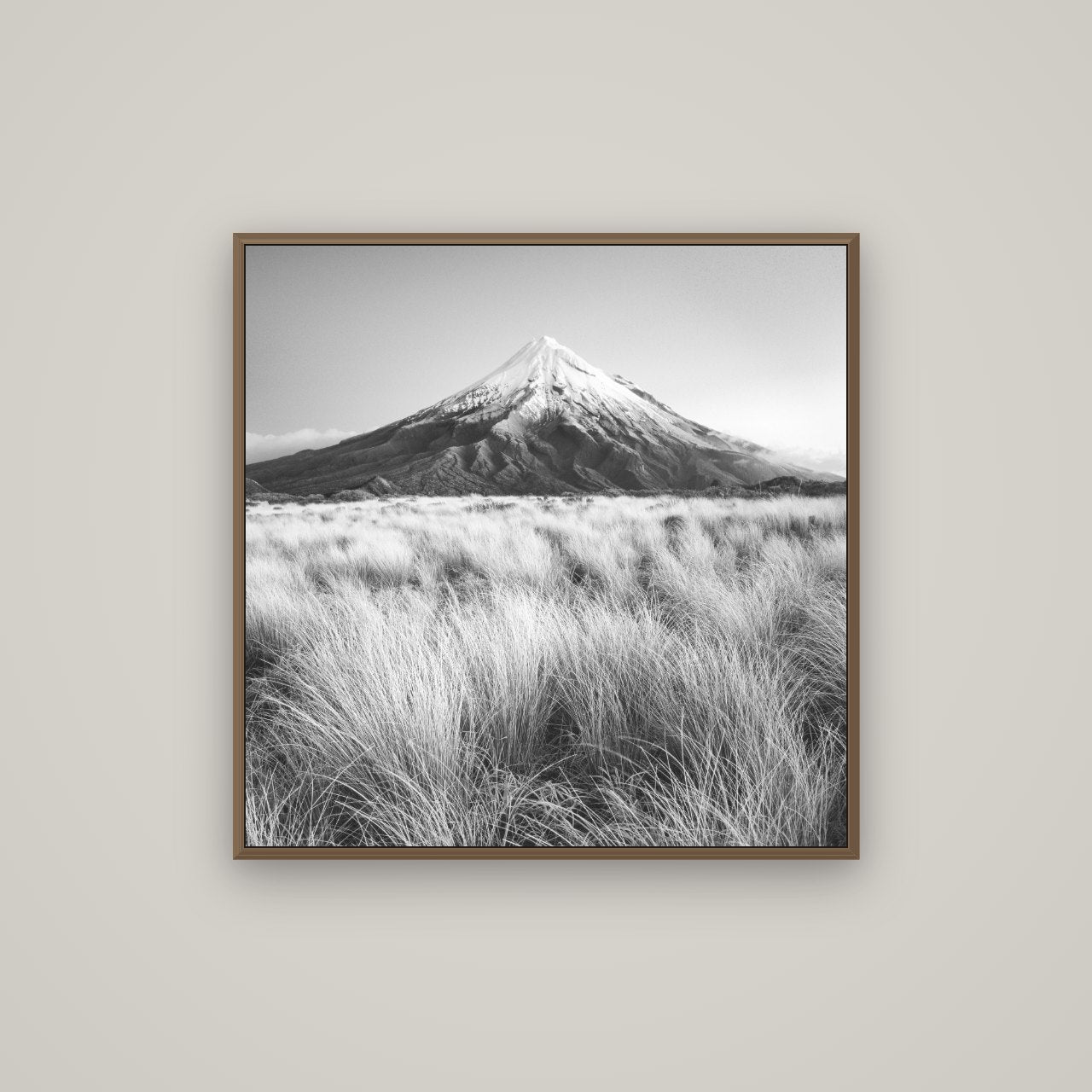 Silent Point, Mount Taranaki, Basel Walnut, 80×80 cm. New Zealand fine art wall art by Stephen Milner.