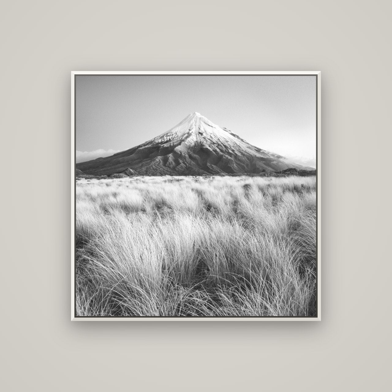 Silent Point, Mount Taranaki — Basel White, 100×100 cm. New Zealand fine art wall art by Stephen Milner.