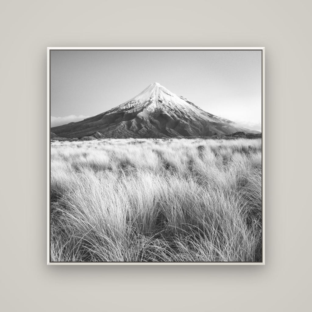 Silent Point, Mount Taranaki — Basel White, 120×120 cm. New Zealand fine art wall art by Stephen Milner.