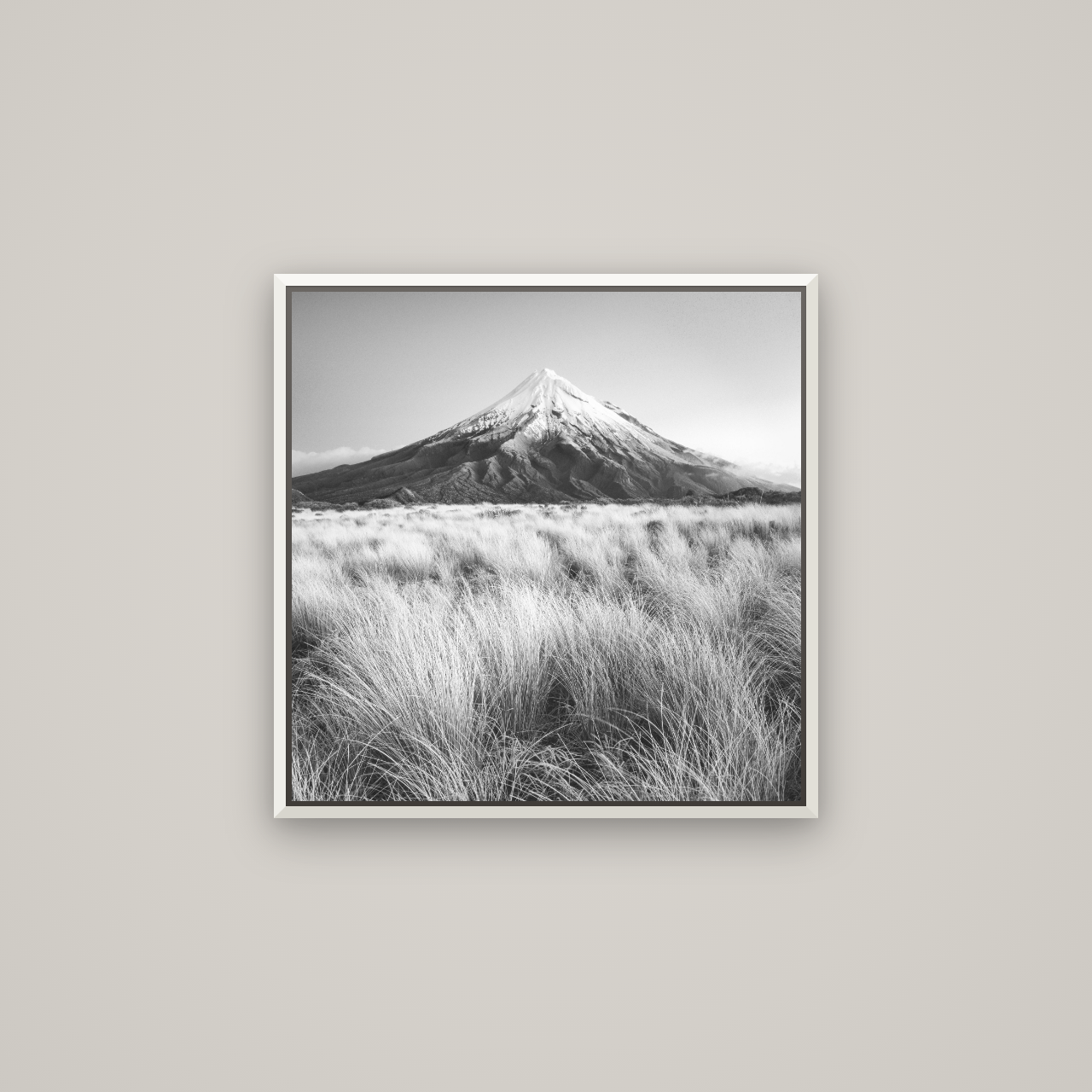 Silent Point, Mount Taranaki — Basel White, 60×60 cm. New Zealand fine art wall art by Stephen Milner.