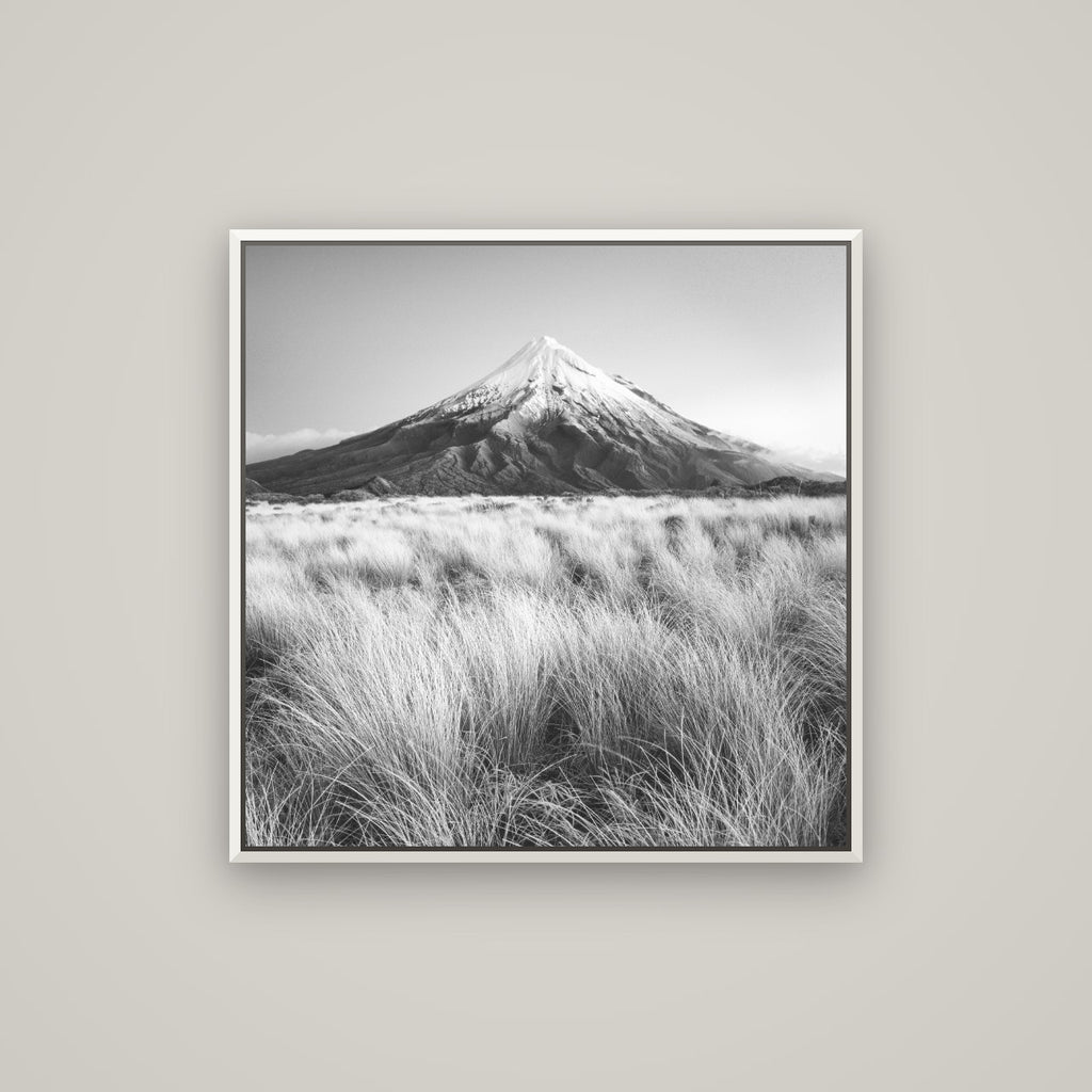 Silent Point, Mount Taranaki — Basel White, 80×80 cm. New Zealand fine art wall art by Stephen Milner.