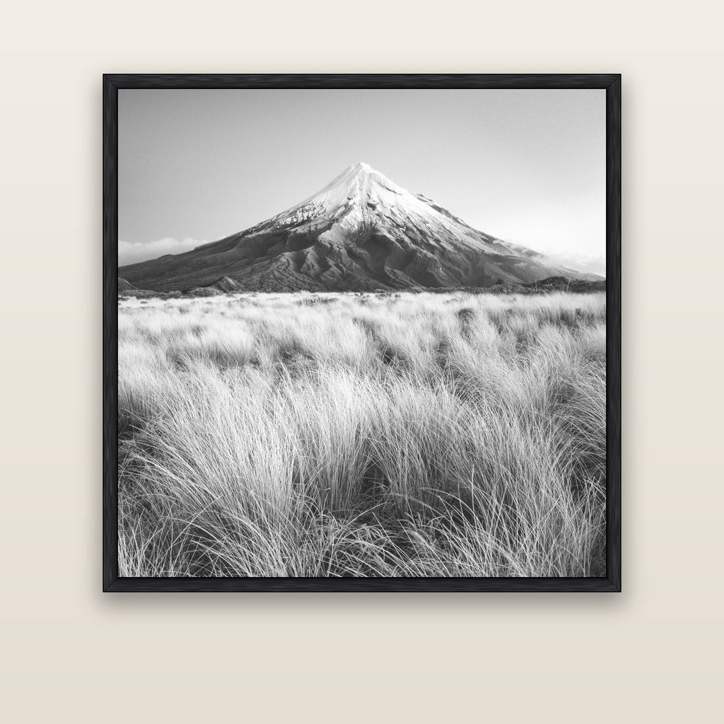 Silent Point, Mount Taranaki — black float frame canvas, 133 × 133 cm. New Zealand fine art landscape wall art by Stephen Milner.