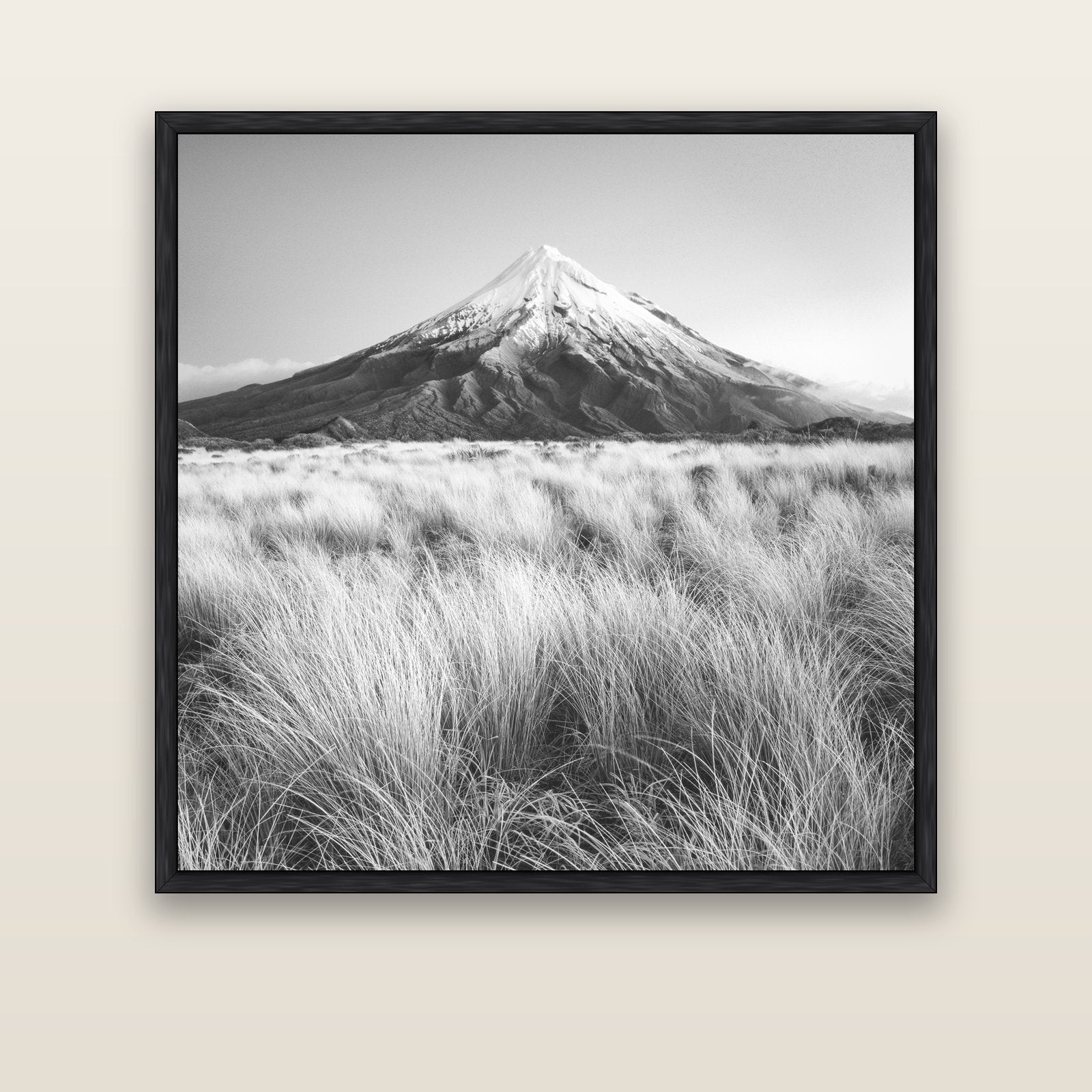 Silent Point, Mount Taranaki — black float frame canvas, 133 × 133 cm. New Zealand fine art landscape wall art by Stephen Milner.
