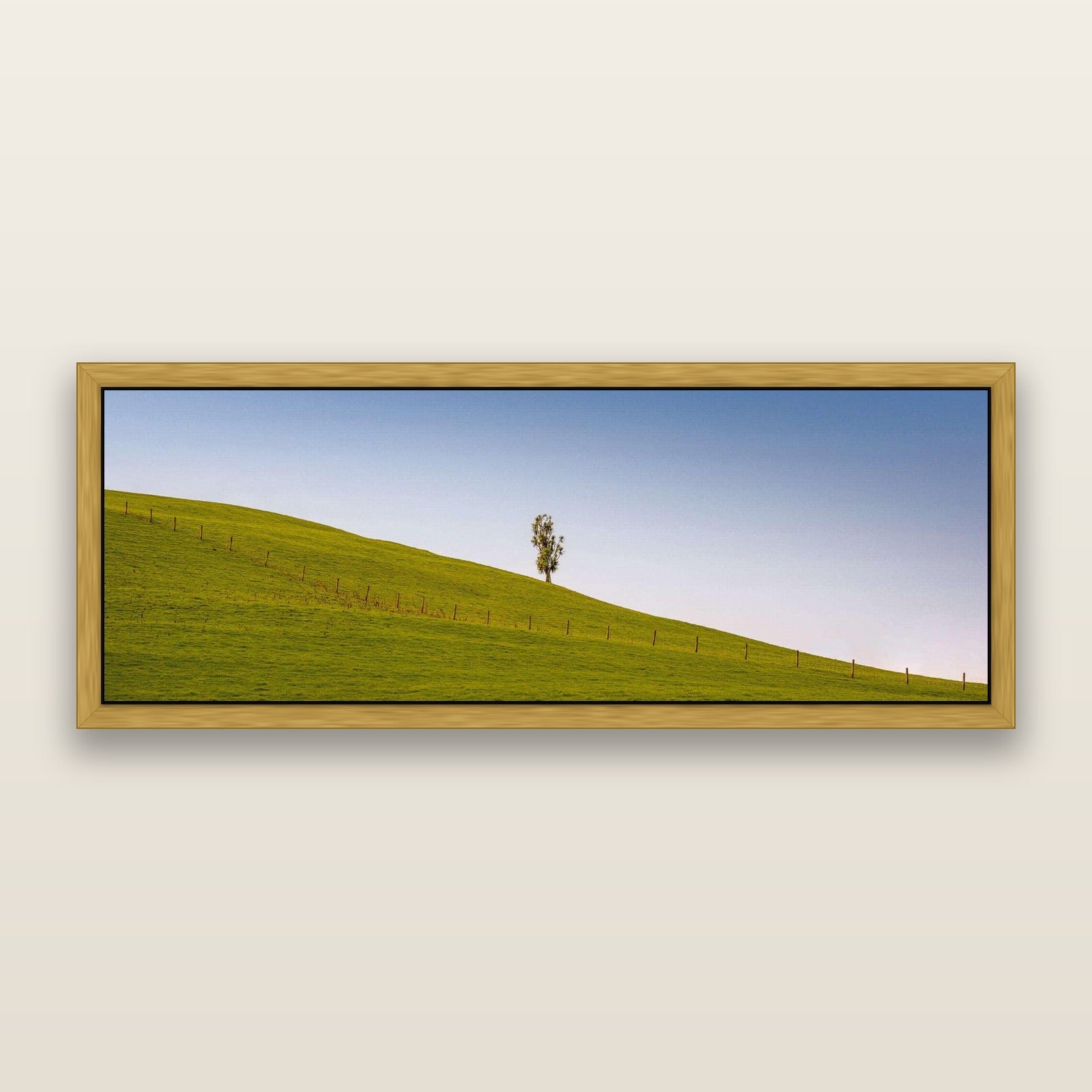 Solitary Sentinel, Cabbage Tree Serenity — framed metallic canvas print, Antique Gold frame. New Zealand fine art landscape wall art by Stephen Milner.