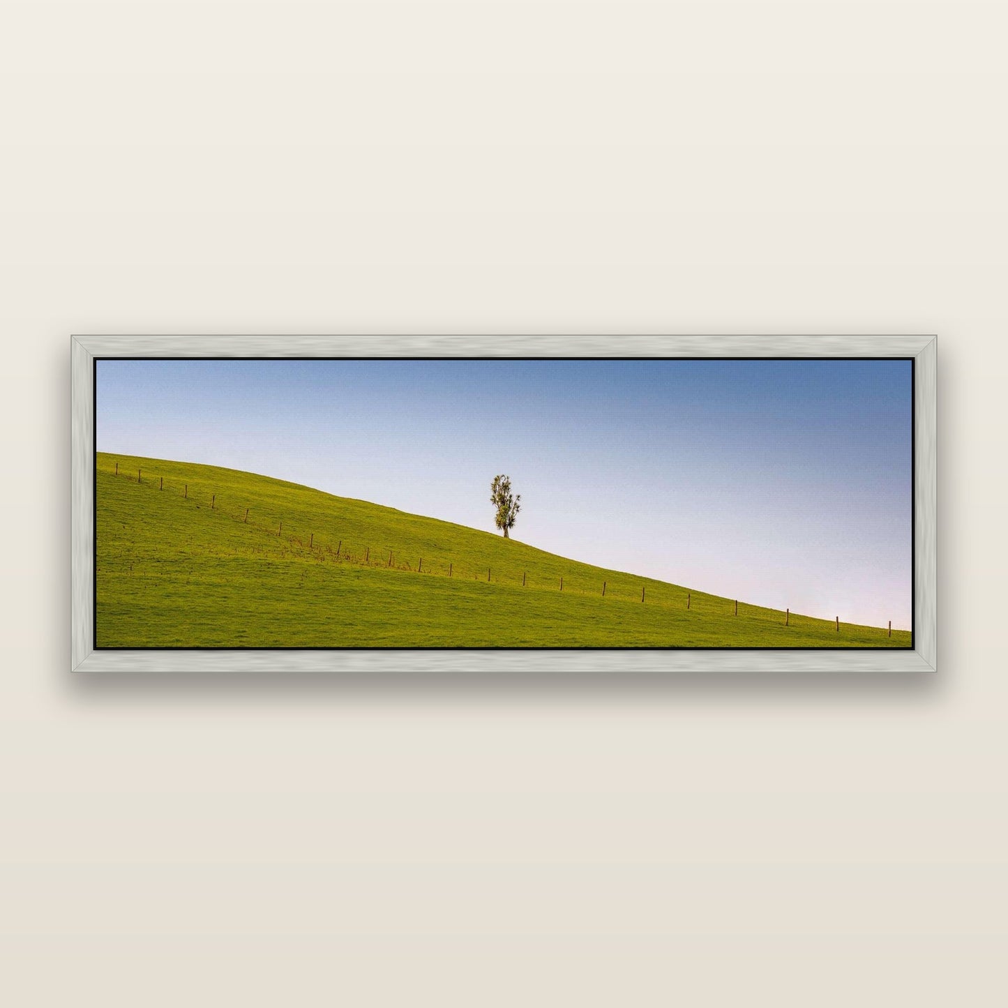 Solitary Sentinel, Cabbage Tree Serenity — framed metallic canvas print, Antique Silver frame. New Zealand fine art landscape wall art by Stephen Milner.