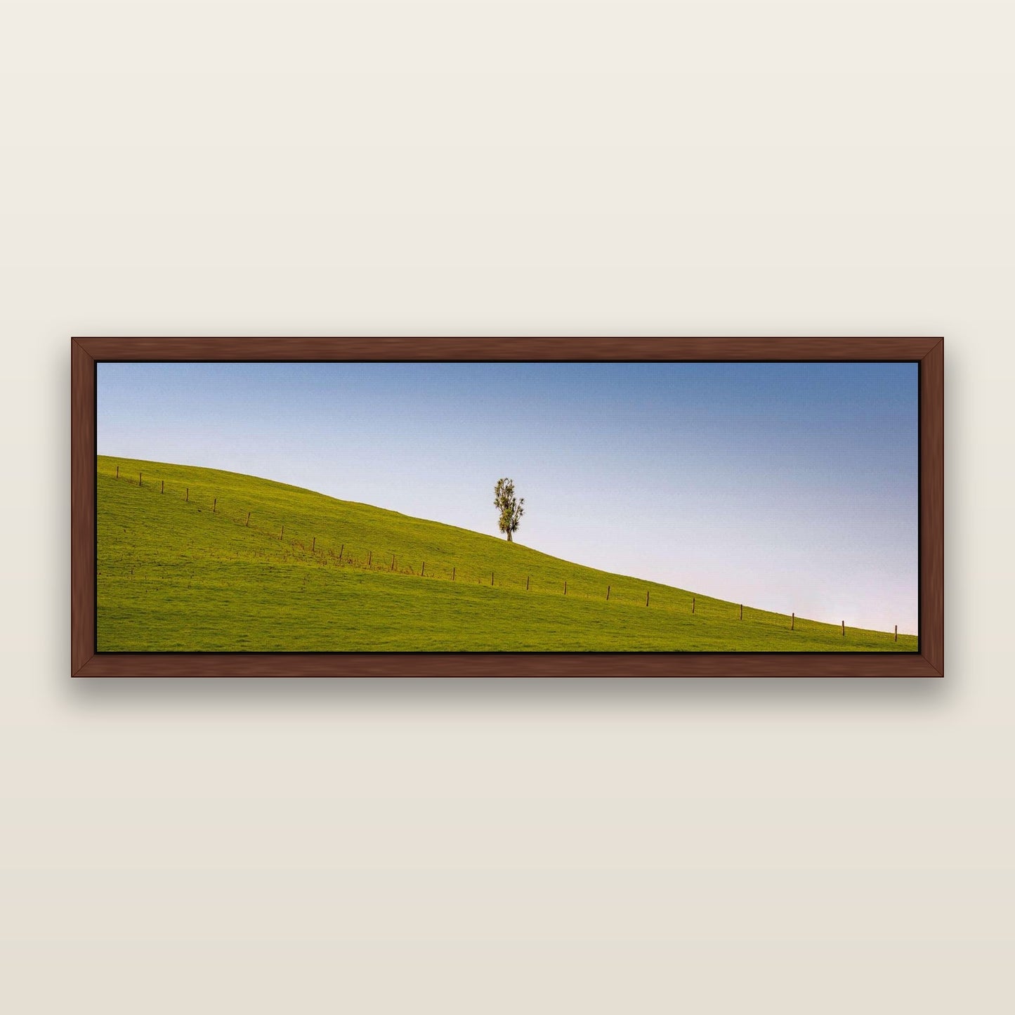 Solitary Sentinel, Cabbage Tree Serenity — framed metallic canvas print, Brown frame. New Zealand fine art landscape wall art by Stephen Milner.
